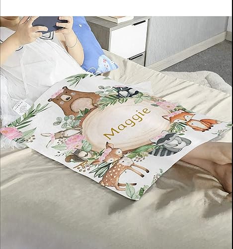 Miniatura 5 de Manta de bebé personalizada con diseño floral rosa de animales del bosque con nombre para niñas y niños, mantas personalizadas para guardería,