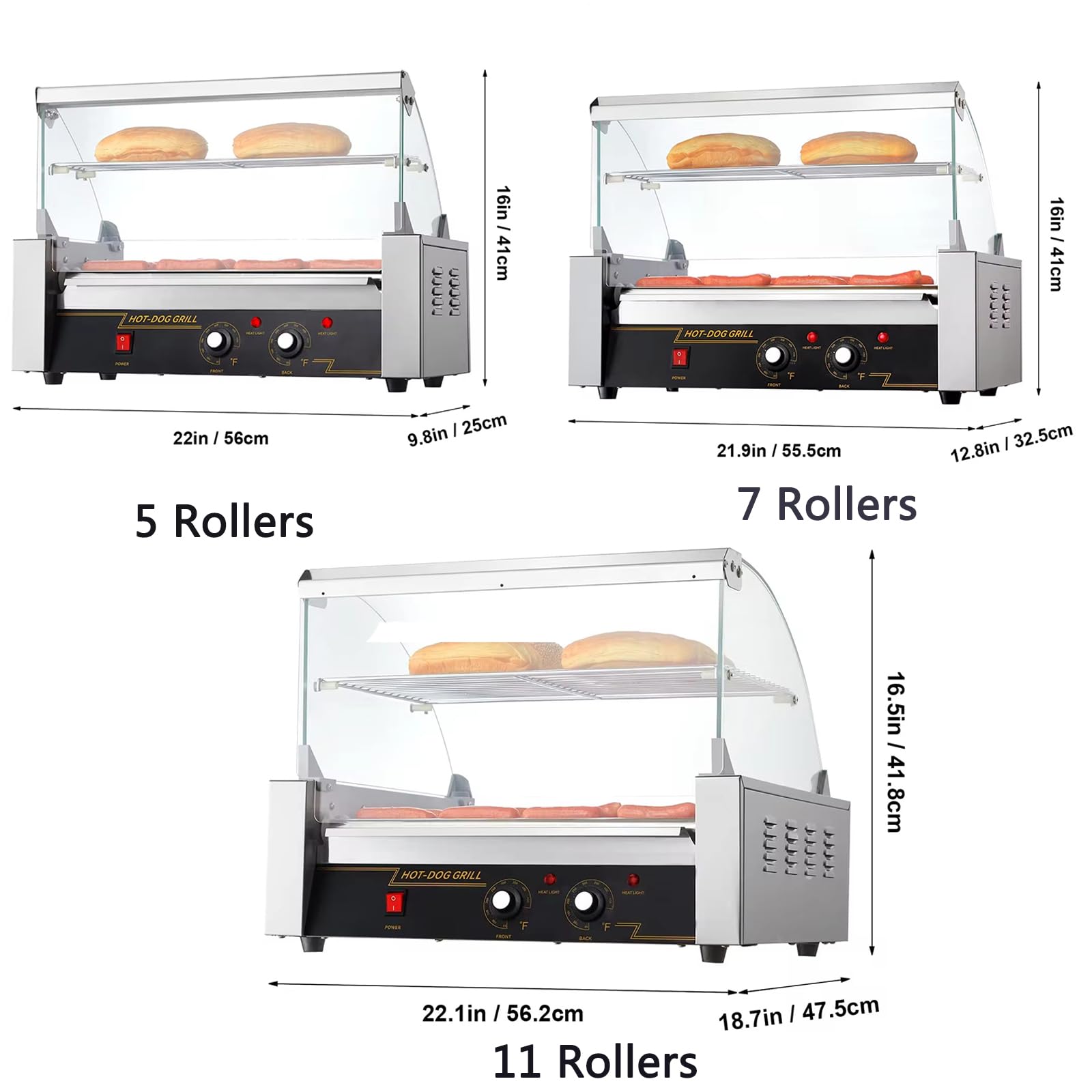 Rodillos comerciales para perros calientes, parrilla de rodillo para perros calientes, máquina de acero inoxidable con cubierta antipolvo, máquina de rodillos para perros calientes con control de