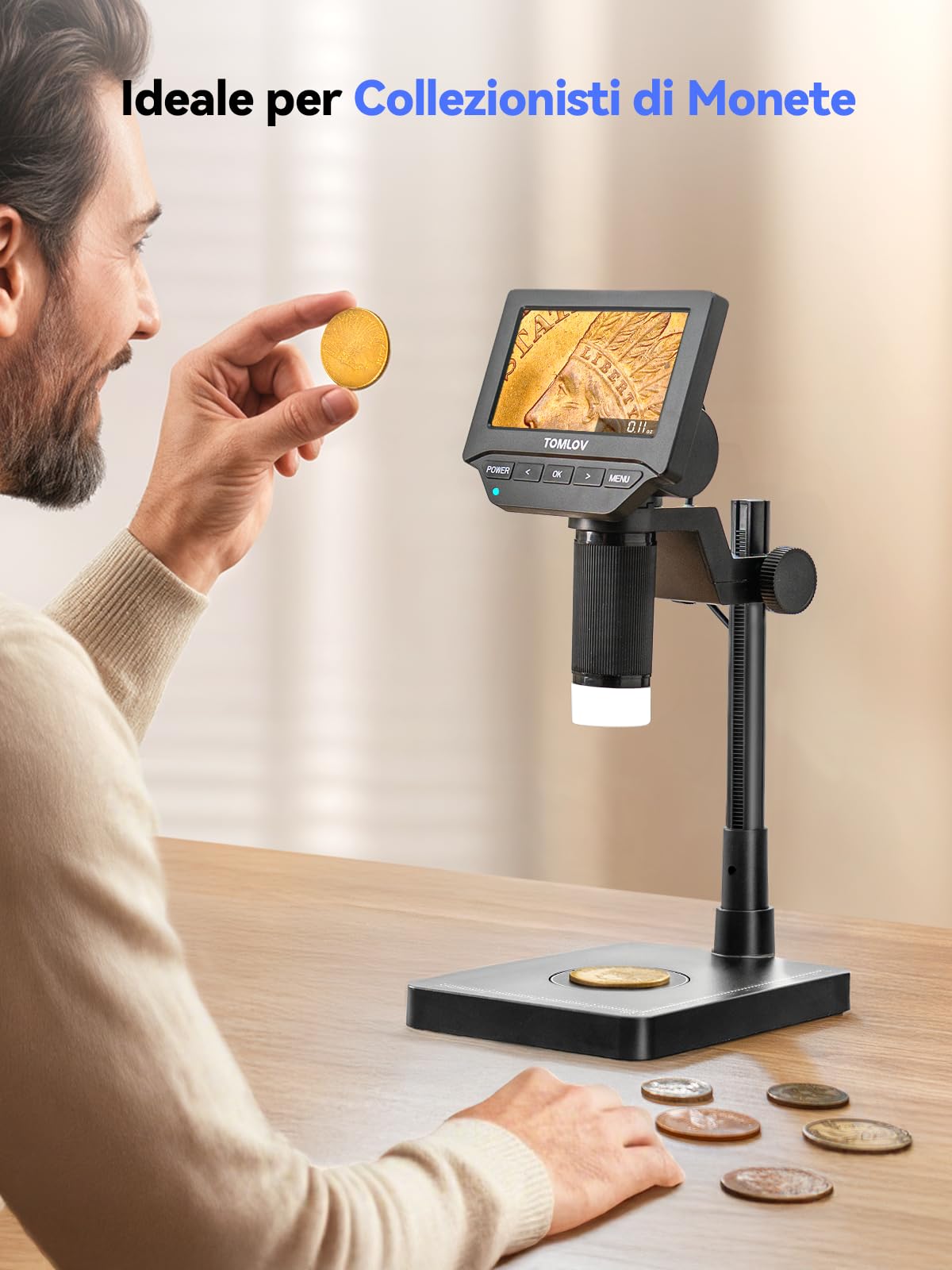TOMLOV DM4W Microscopio Digitale con Bilancia: Microscopio per Monete con 4,3" IPS Schermo, Lente d'Ingrandimento con Luce, Bilancia Precisa per Collezionisti, Gioiellieri, Compatibile PC/Mac