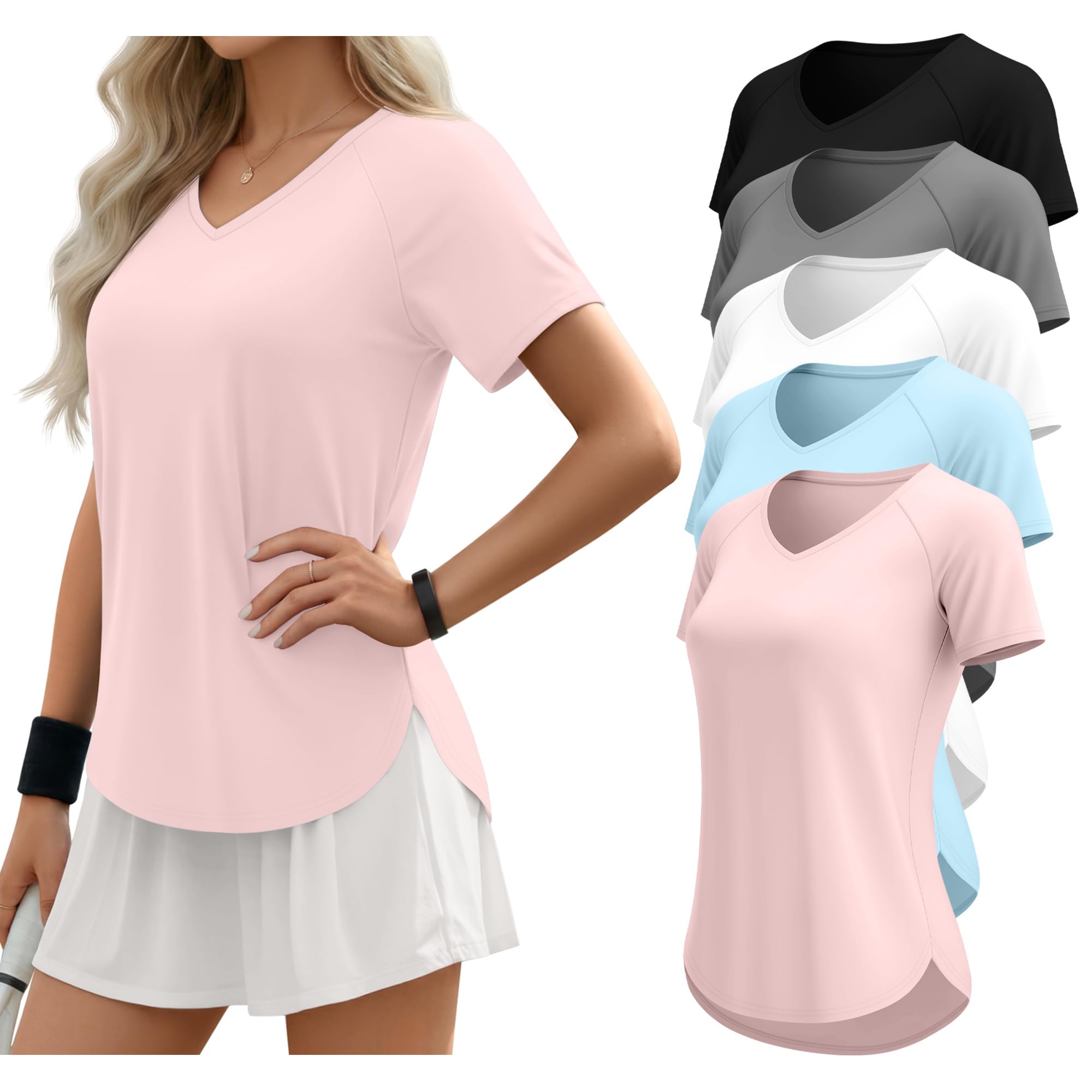 5 Pack Women Workout T-Shirts Quick Dry UPF 50 Sun Protection Yoga Gym V Neck Raglan Tops Side