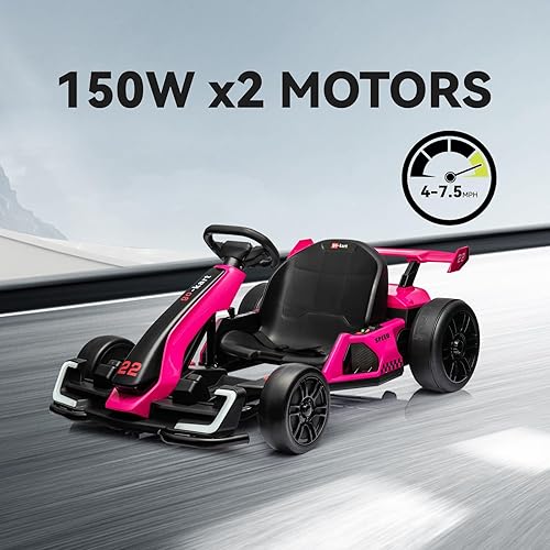 Miniatura 3 de linor Go Kart eléctrico de 24 V para niños, kart de deriva de 7.5 MPH con motor de 300 W, modo de derivadeporte, ajuste de longitud (rosa)
