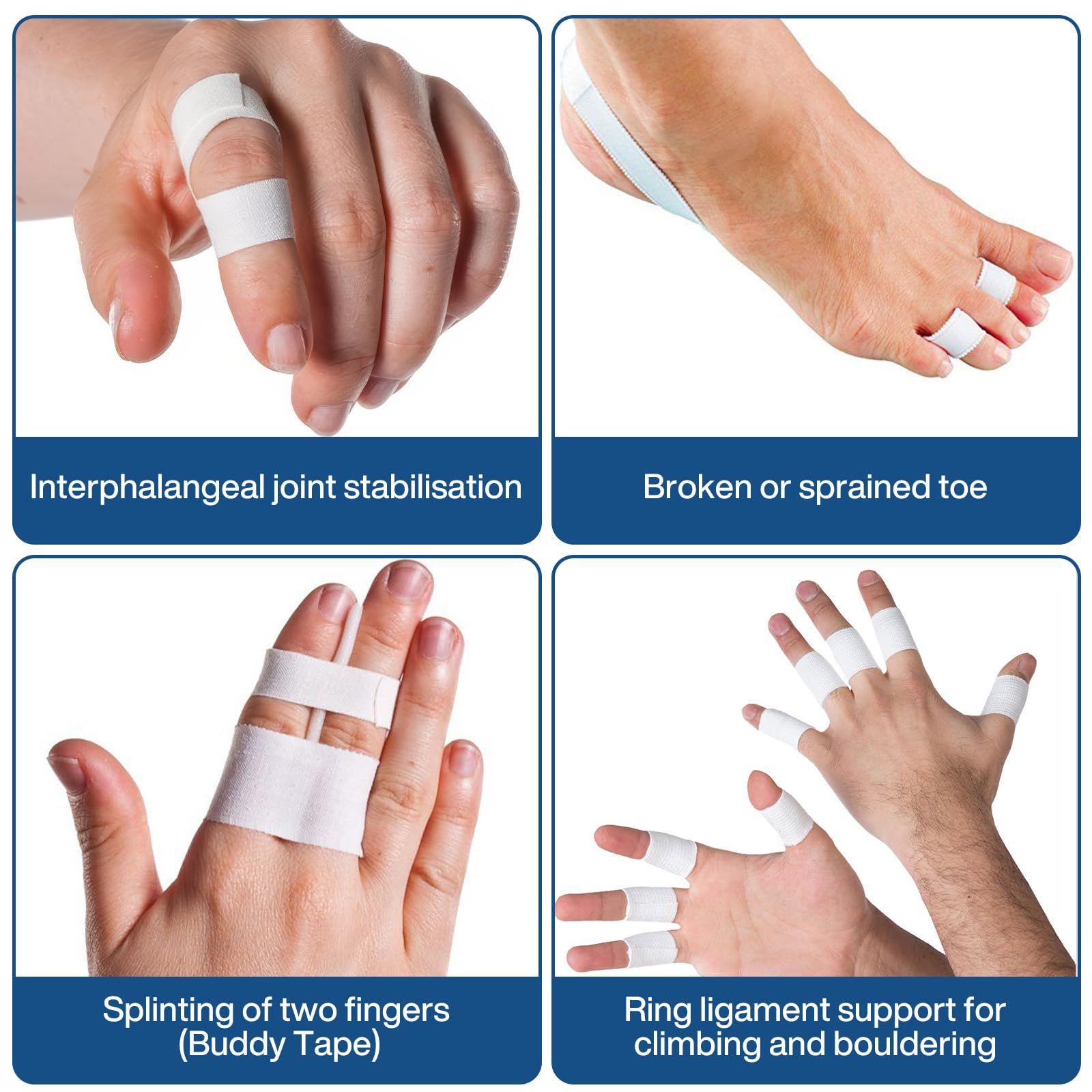 Tape pour Doigts, Pack de 6 Strap Doigt (1,5 cm x 10 m), Antidérapante et Durable, Idéale pour Grip Tattoo, Escalade, Volleyball, Basket-Ball, Handball et Protection des Articulations (Blanc)