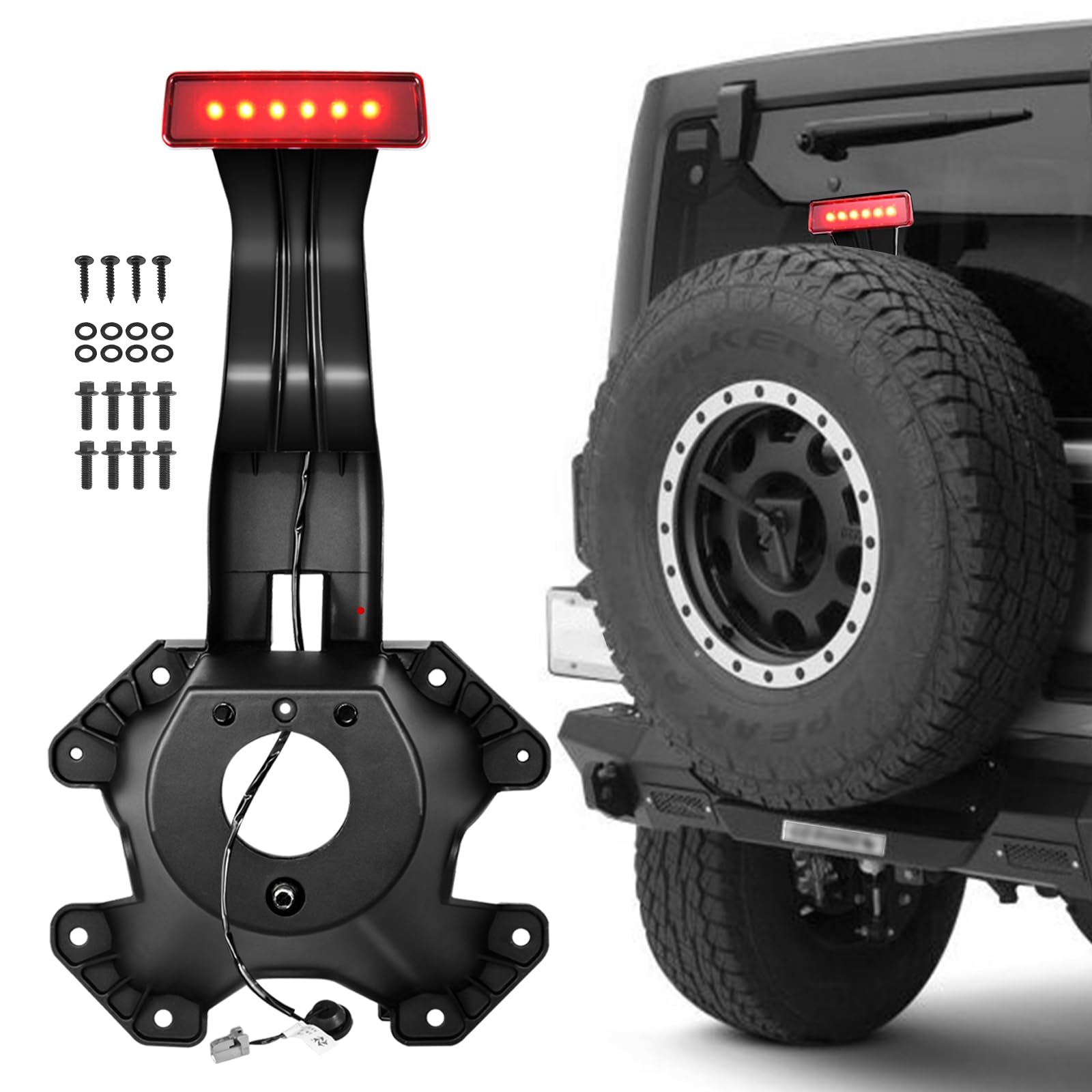 Top10 Racing 55397217AJ Spare Tire Holder Mounting Bracket & High Center Mount Third Brake Light with Wiring Harness Compatible with 2007-2018 Jeep Wrangler JK Replaces# 68048581AA (Red)