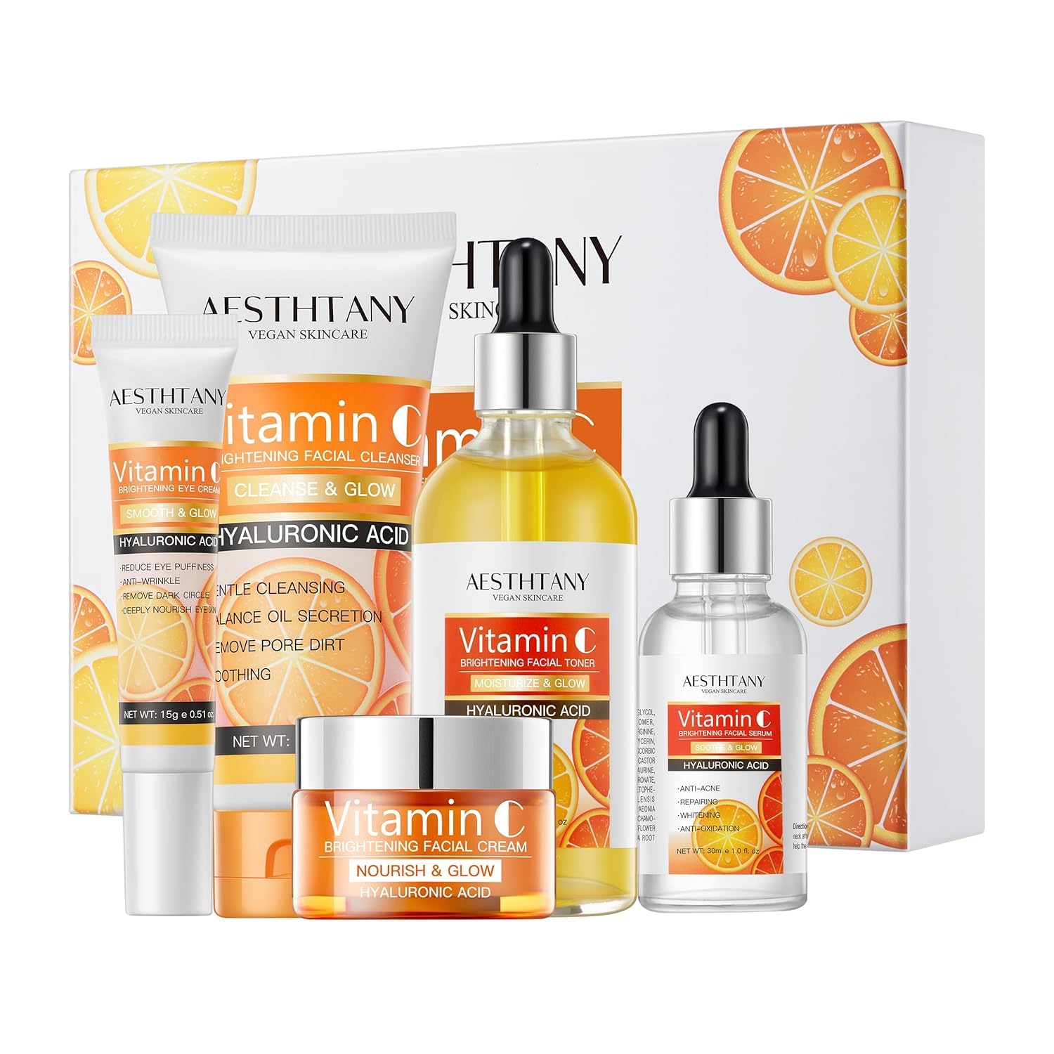 AESTHTANY Vitamin C Skin Care Set,Face Care Set for Women,with Cleanser,Toner,Eye Cream,Serum,Cream,Travel Size Skincare Set 5Pcs,Anti-Aging