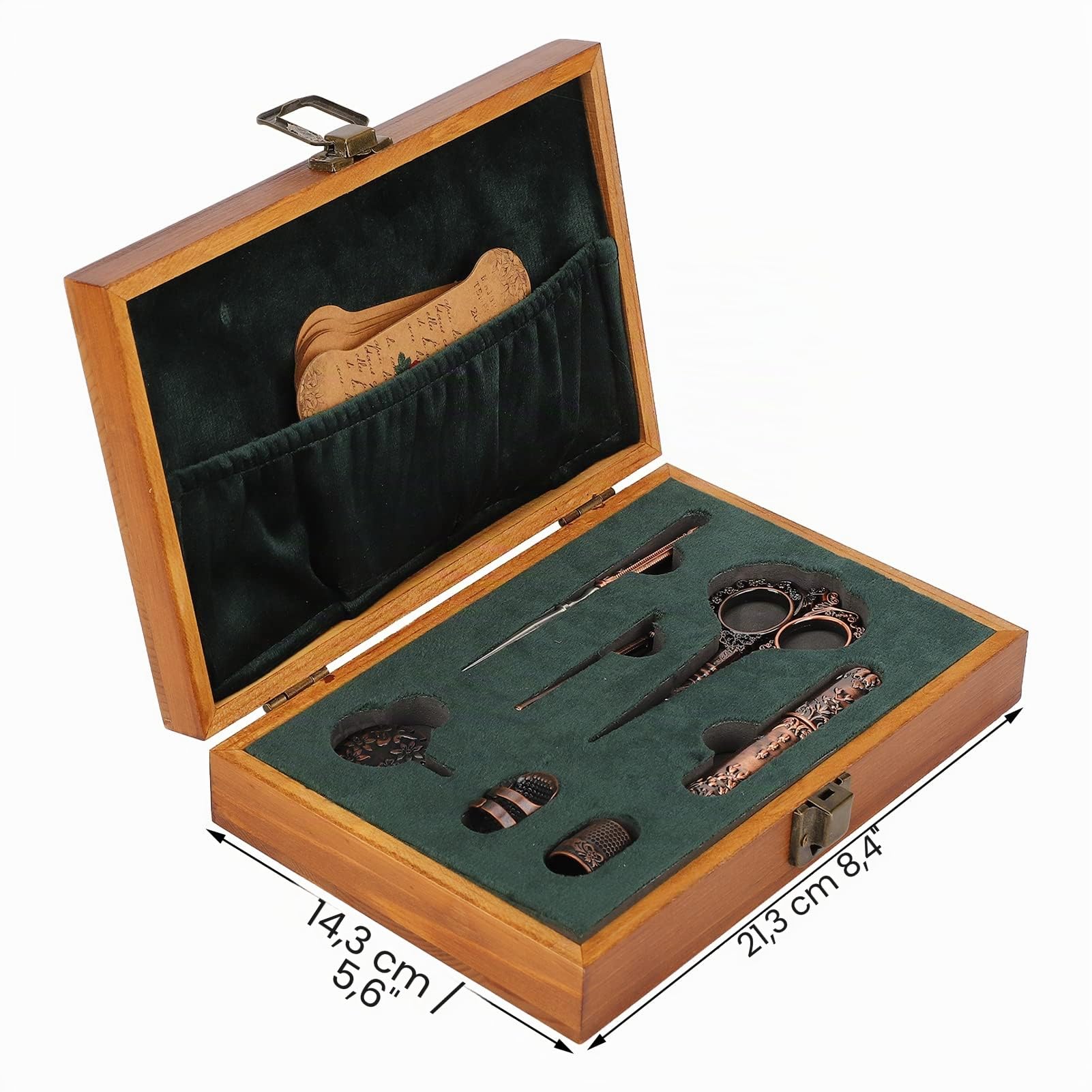 7-teiliges Nähwerkzeug Set für Basteln Nähen Handarbeiten Stickerei | Vintage, Massivholz, Edelstahl, Kompaktes, mit Fingerhut Einfädler aus Edelstahl