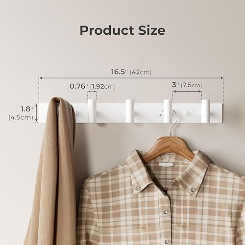 Miniatura 2 de Perchero blanco para colgar en la pared, 5 clavijas en forma de T para sombreros, bolsas y toallas, riel de metal resistente para entrada, baño,