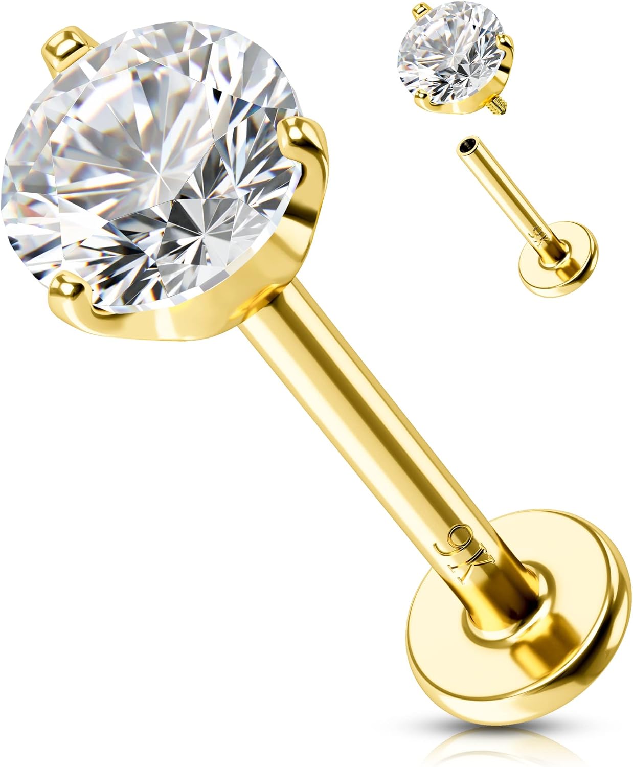 OUFER Lip Rings Stud, 16G 14K Solid Gold Internally Thread Lip Piercing Jewelry, Clear CZ Helix Tragus Conch Lobe Labret Piercing Jewelry
