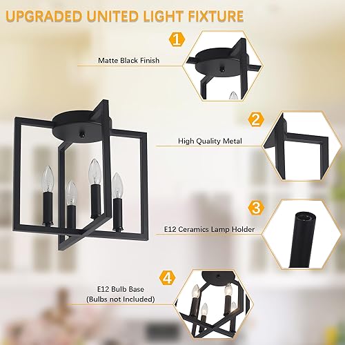 Miniatura 4 de Lámpara de techo semiempotrada de 4 luces, color negro, moderna lámpara industrial de granja con pantalla geométrica de metal, cocina, pasillo, baño