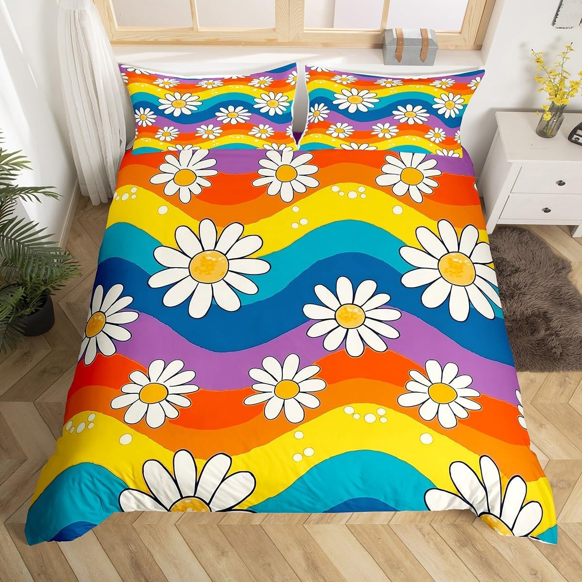 Groovy Flower Comforter Cover Twin for Kids Boys,Cartoon Rainbow Stars Daisy Peace Sign Bedding Set Cute Room Decor for Teen Girls,Hippie Aesthetic Funny Duvet Cover Y2K Decor Bedspread Cover