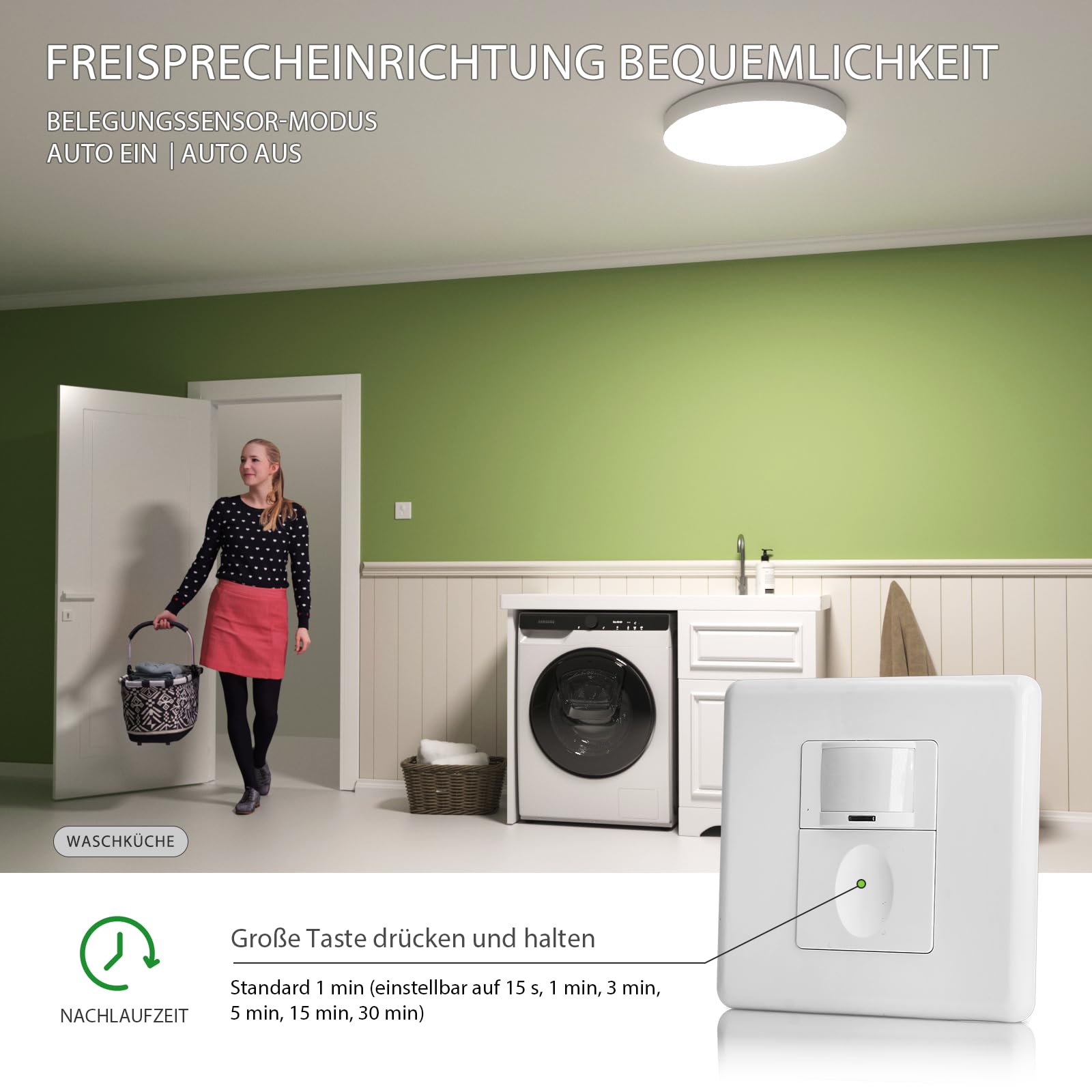 Sensky Sensore di movimento interno con 3 modalità, mini rilevatore di presenza da incasso con funzionamento a bottone, sensore di luce a 3 fili, 230 V/10 A, bianco, sensore di movimento per corridoio