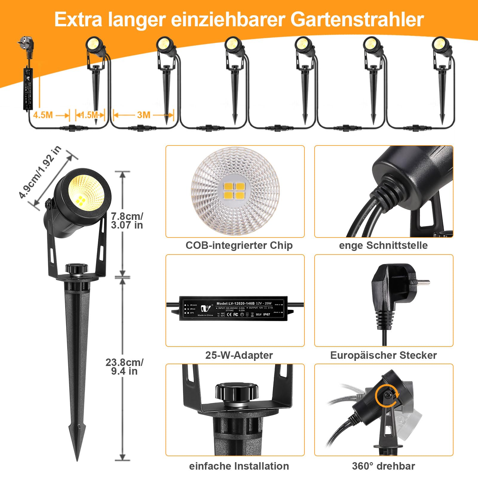 ECOWHO Gartenleuchte LED 12V 3W Gartenstrahler mit Erdspieß und Stecker IP65 Wasserdicht Gartenbeleuchtung Gartenspots mit Kabel für Außen Garten Rasen (Warmweiß 6er-Pack)
