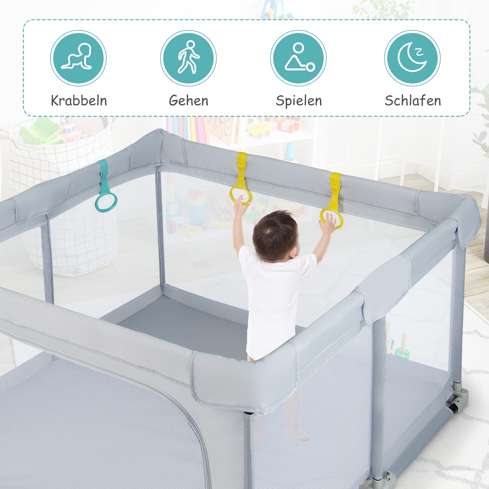 DREAMADE Laufstall Baby, 126 x 126 cm Laufgitter Klappbar mit 50 Spielbällen & 4 Zugringen, Schutzgitter mit Atmungsaktivem Netz & Reißverschluss (Hellgrau)