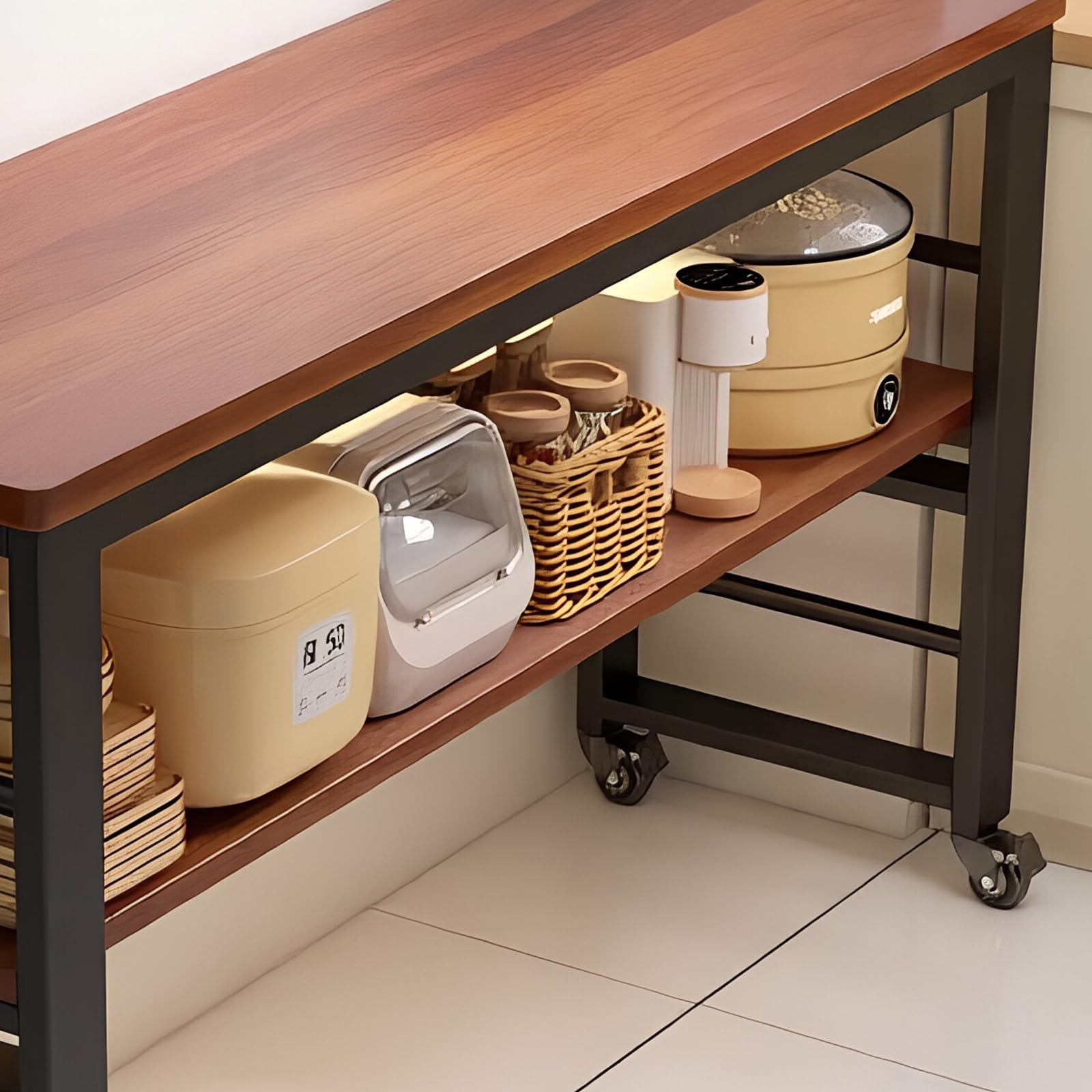 Isola di stoccaggio Carrello for isola da cucina con ruote serratura portaoggetti struttura in metallo e piano in legno(Piccolo)