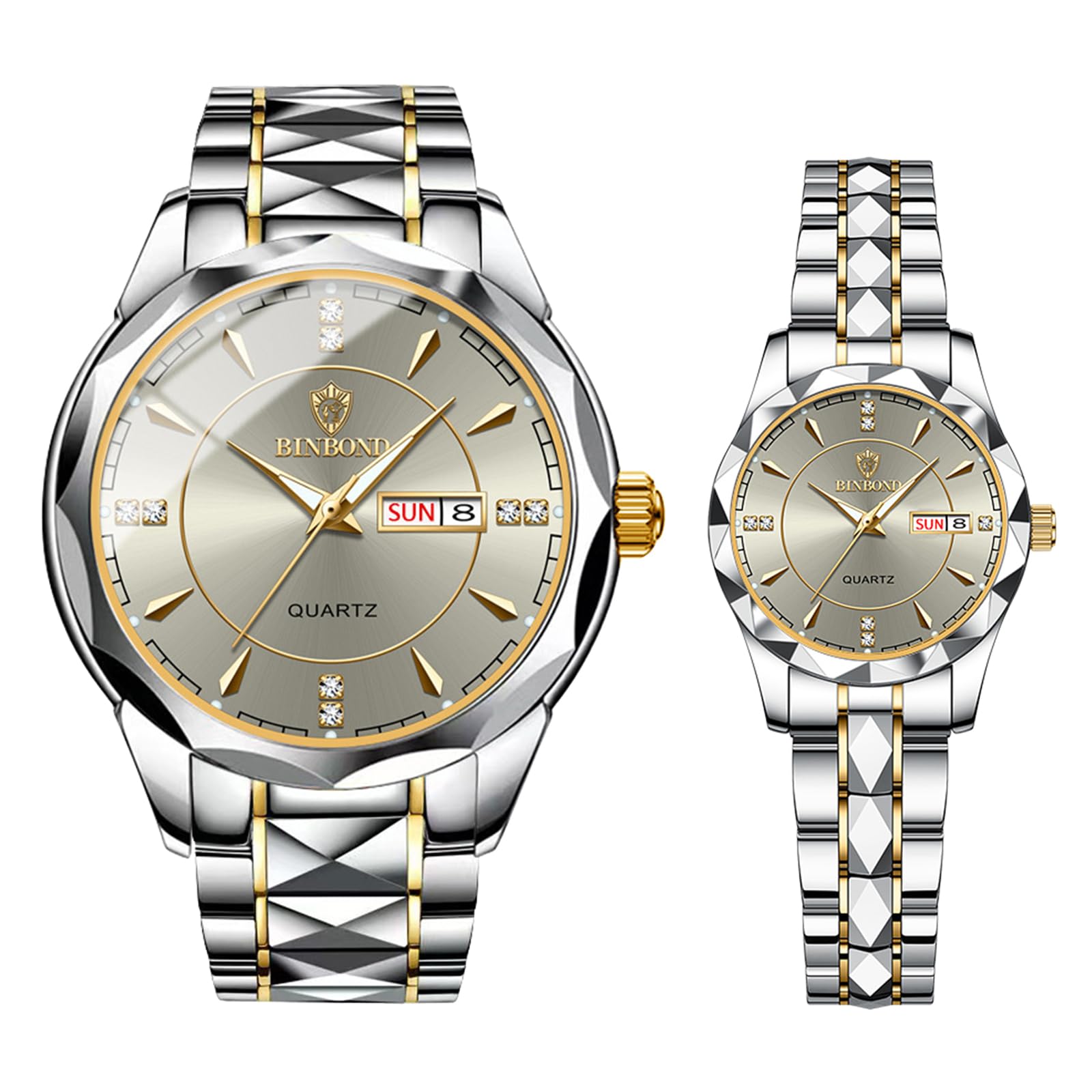 IbohevoQuartz Analog Couple Watches:: Men and Women Rhombus Stainless Steel Luminous Hands Date 3 ATM Waterproof Business Casual Valentine's Day Christmas Watch Gift Sets