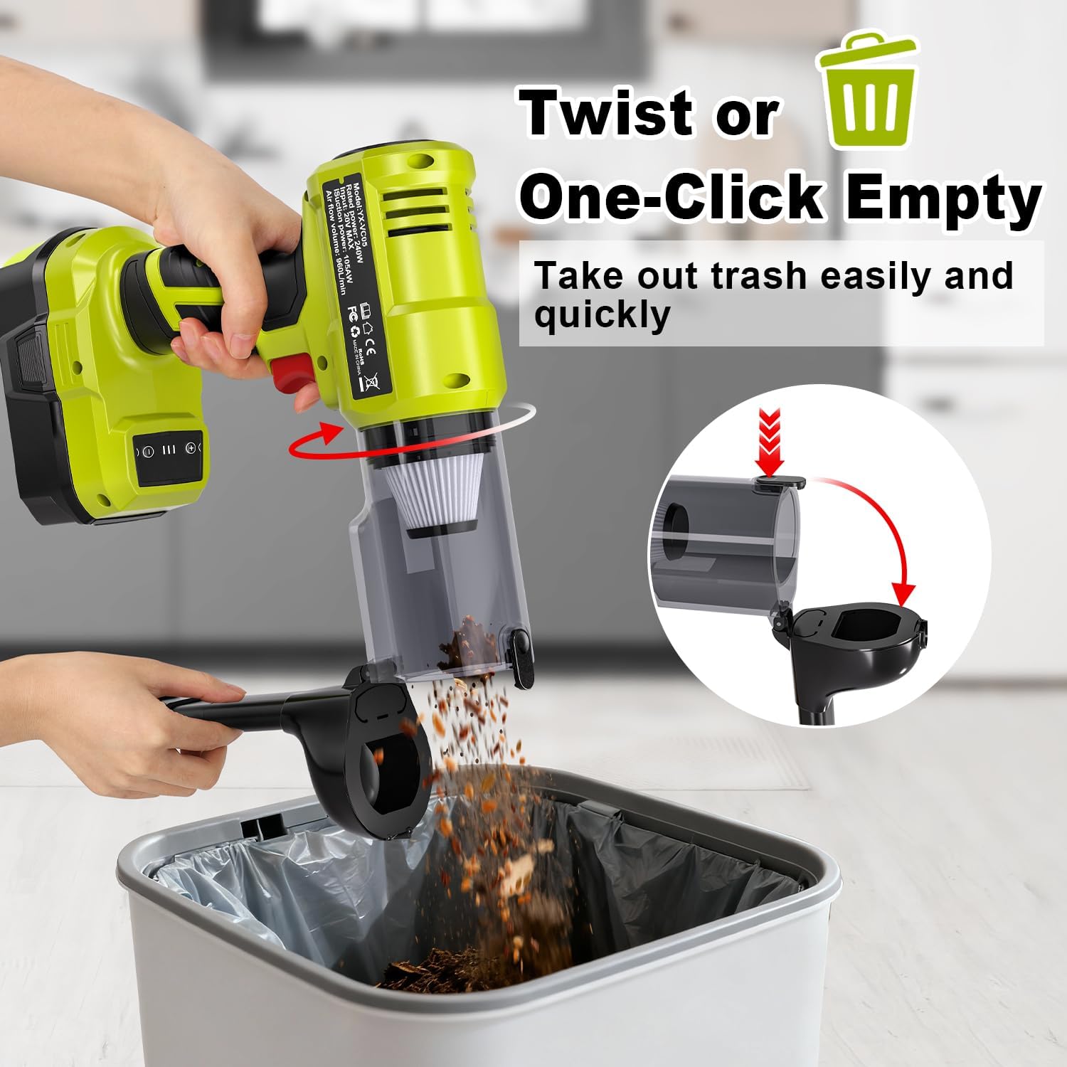 Cordless Handheld Vacuum Cleaner for Ryobi 18V Battery: 3-Speed Modes Portable Vacuum with 20kPa 105AW Powerful Suction for Car, Pet Hair, Home Cleaning (Tool Only)