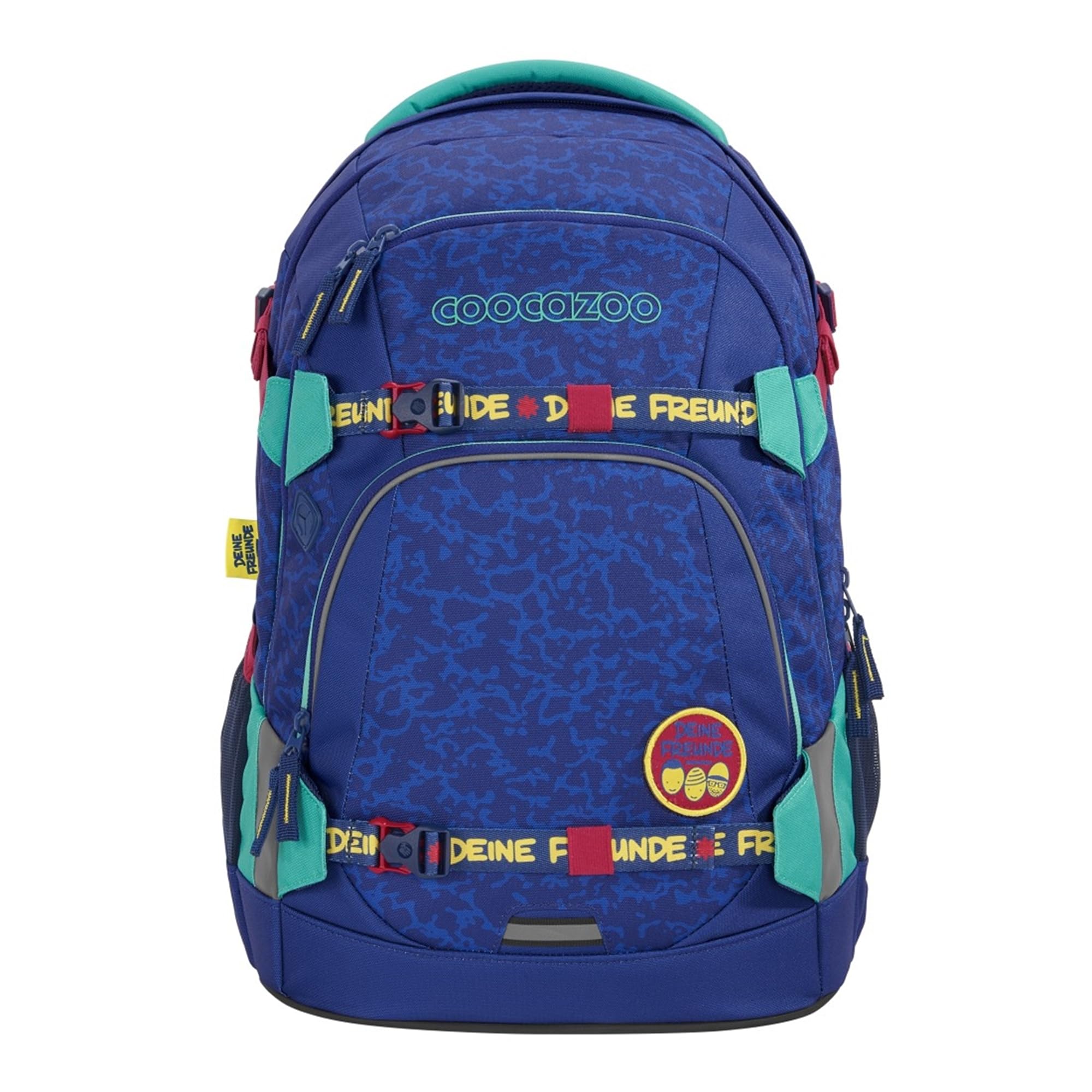 coocazoo Schulrucksack Mate „Deine Freunde, Brudi“ blau/rot/türkis, ergonomischer Tornister, höhenverstellbar mit Brustgurt und Hüftgurt für Jungen und Mädchen ab der 5. Klasse, 30 Liter