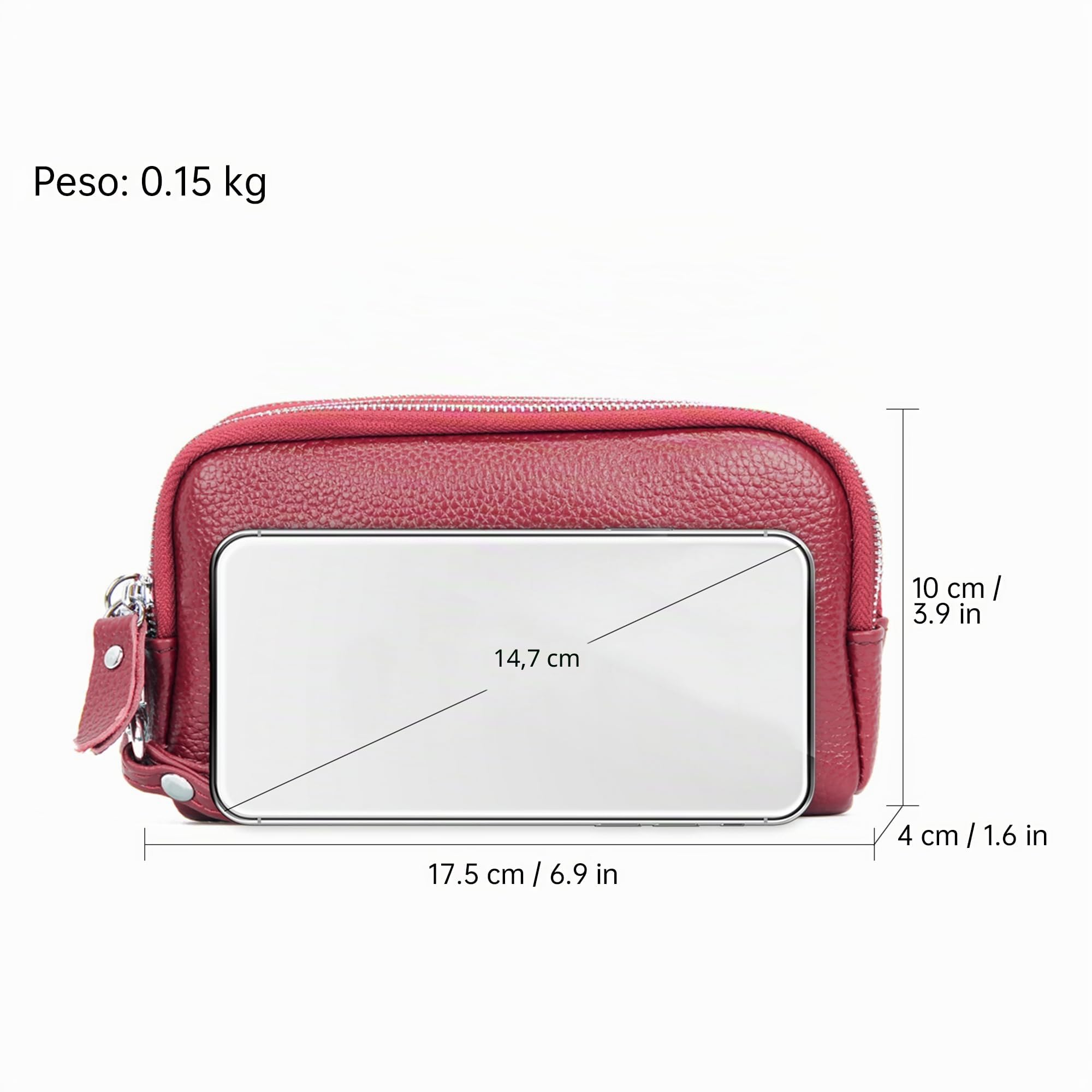 Mujer Cartera Cuero Genuino Gran Capacidad Elegante Billeteras Cremallera Ligera Monederos Carteras de Piel para Dama con Correas de Muñeca Rojo