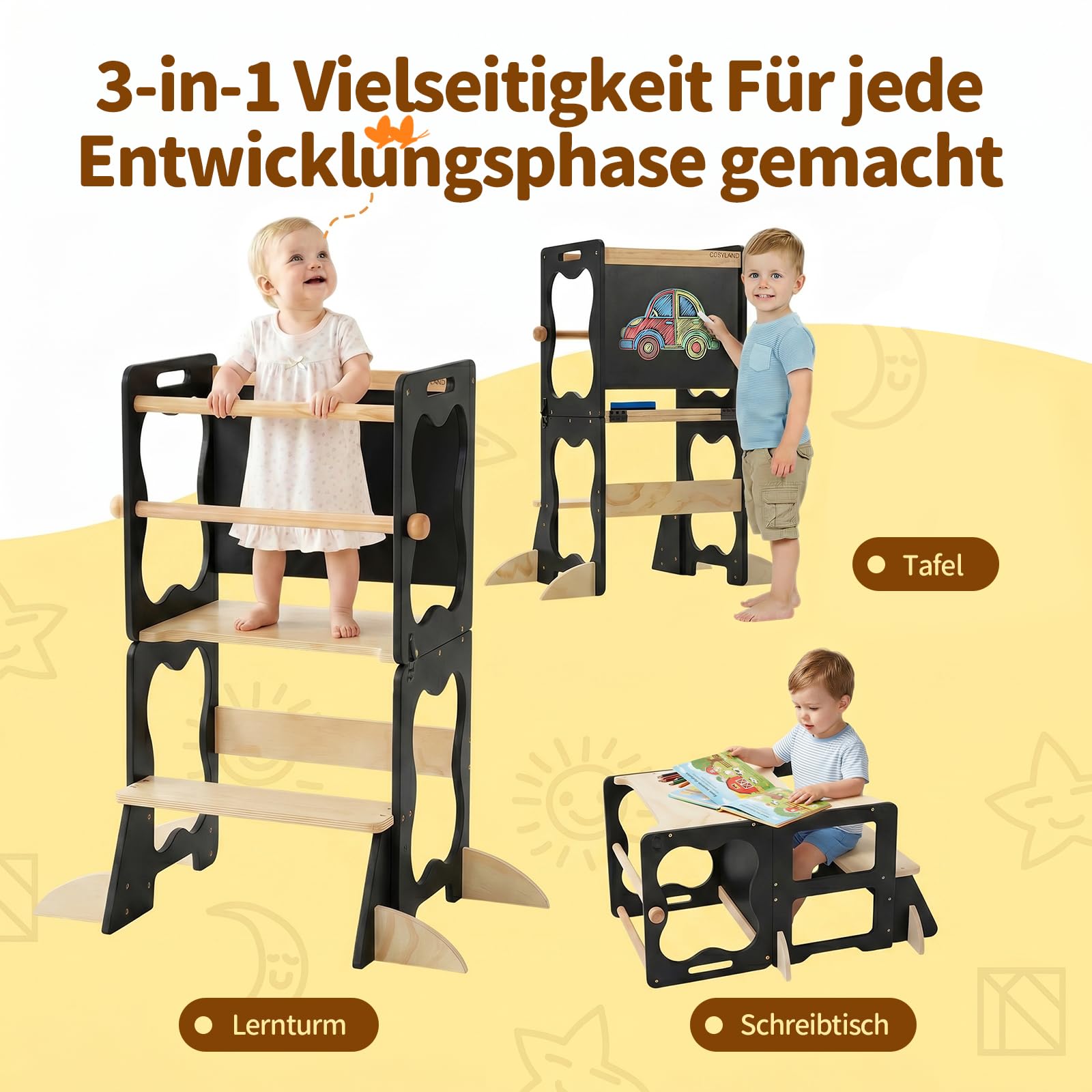 COSYLAND Lernturm Kinder 3in1 Küchenhelfer mit Tafel & Geländer Schwarz | Stabiler Küchenhelfer, wandelbar zu Tisch & Stuhl. Ideal für Lernen, Spielen und Küche. Sicher und zuverlässig.