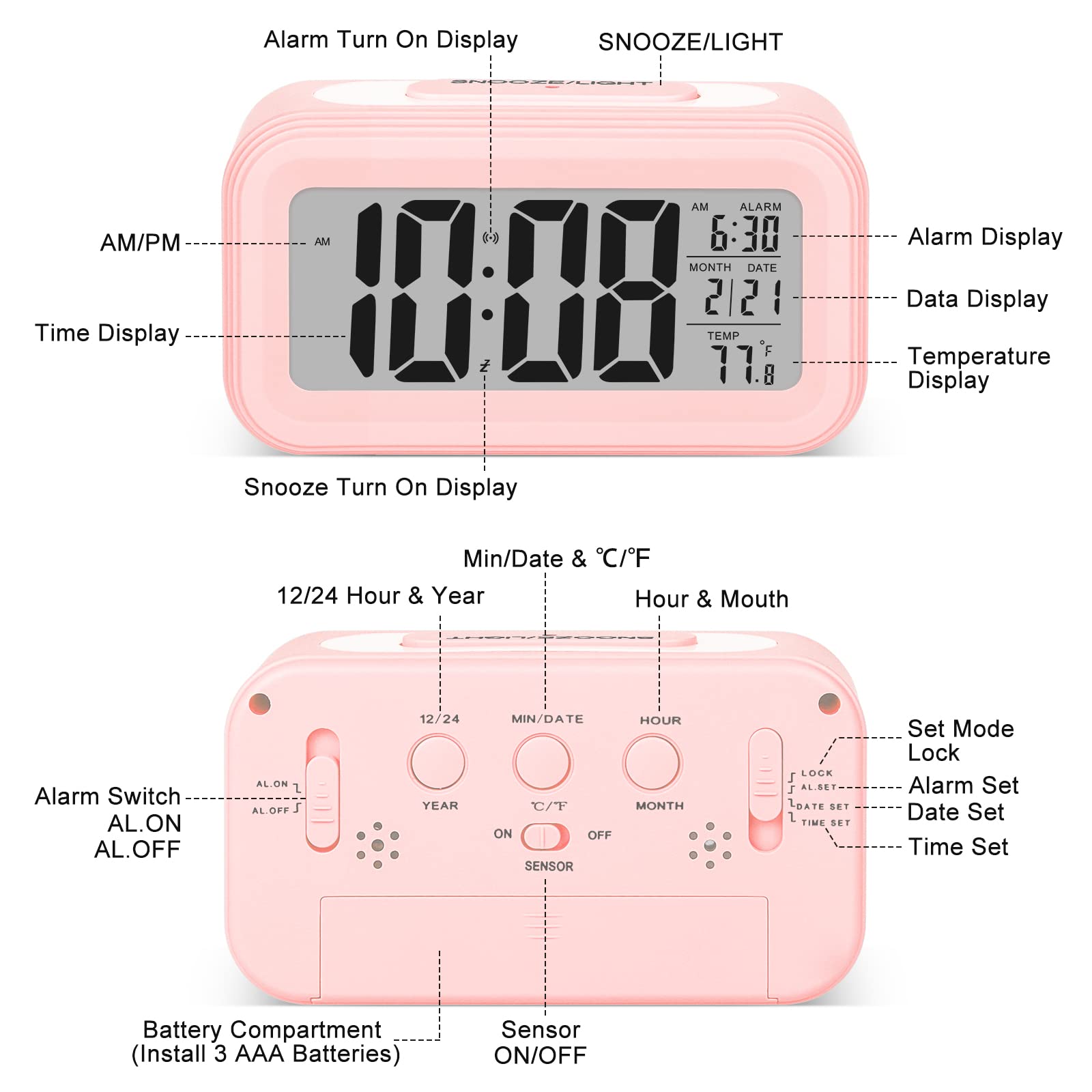 Sarsumir Sveglia Digitale Risveglio Digitale Risveglio Mattina Silenziosa e Intelligente a Batterie con LED Risveglio Luminoso con Funzione Snooze Data Temperatura per Bambino Adolescente Ragazza