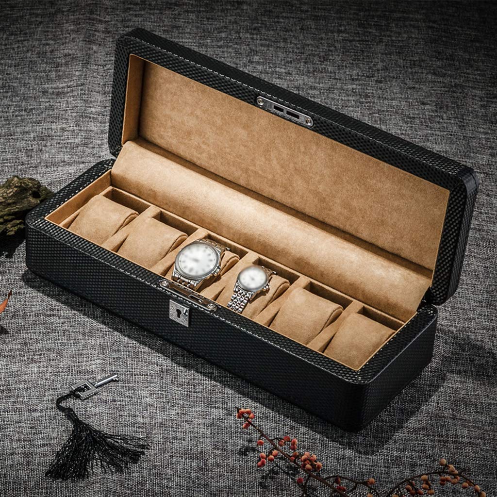 Caja de reloj de fibra de carbono, caja de reloj con 3 ranuras, caja de almacenamiento para exhibir joyas, bandeja para pulsera con 3 almohadas de almacenamiento extraíbles, con cerradura de Metal