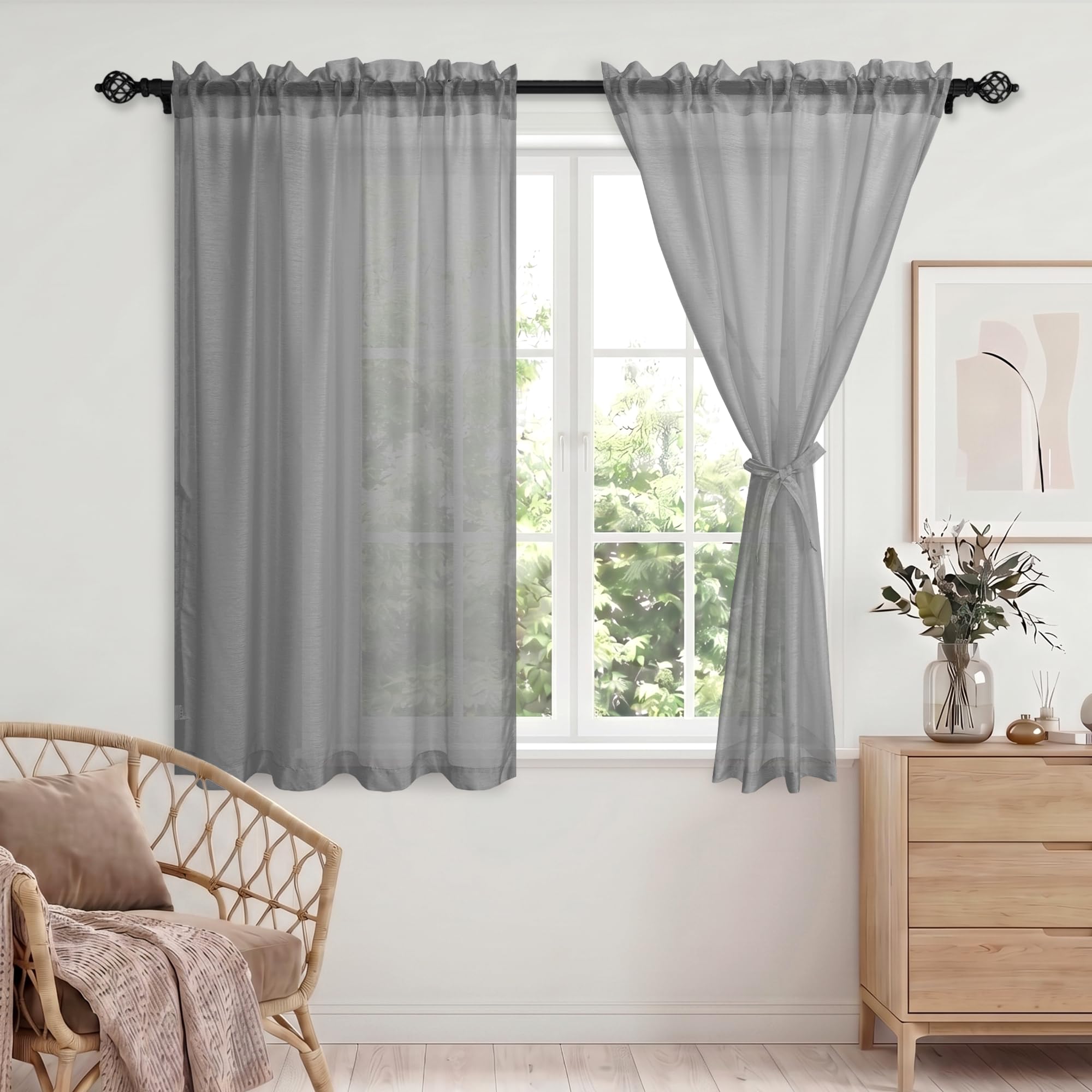 DWCN Light Filtering Net Curtains for Windows, Elegant Voile Curtains Lightweight Sheer Panels for Kitchen Cafe Bedroom, Decorative Dark Grey Semi Transparent Sheer Curtains 52x45 Inch 2 Panels — image 1