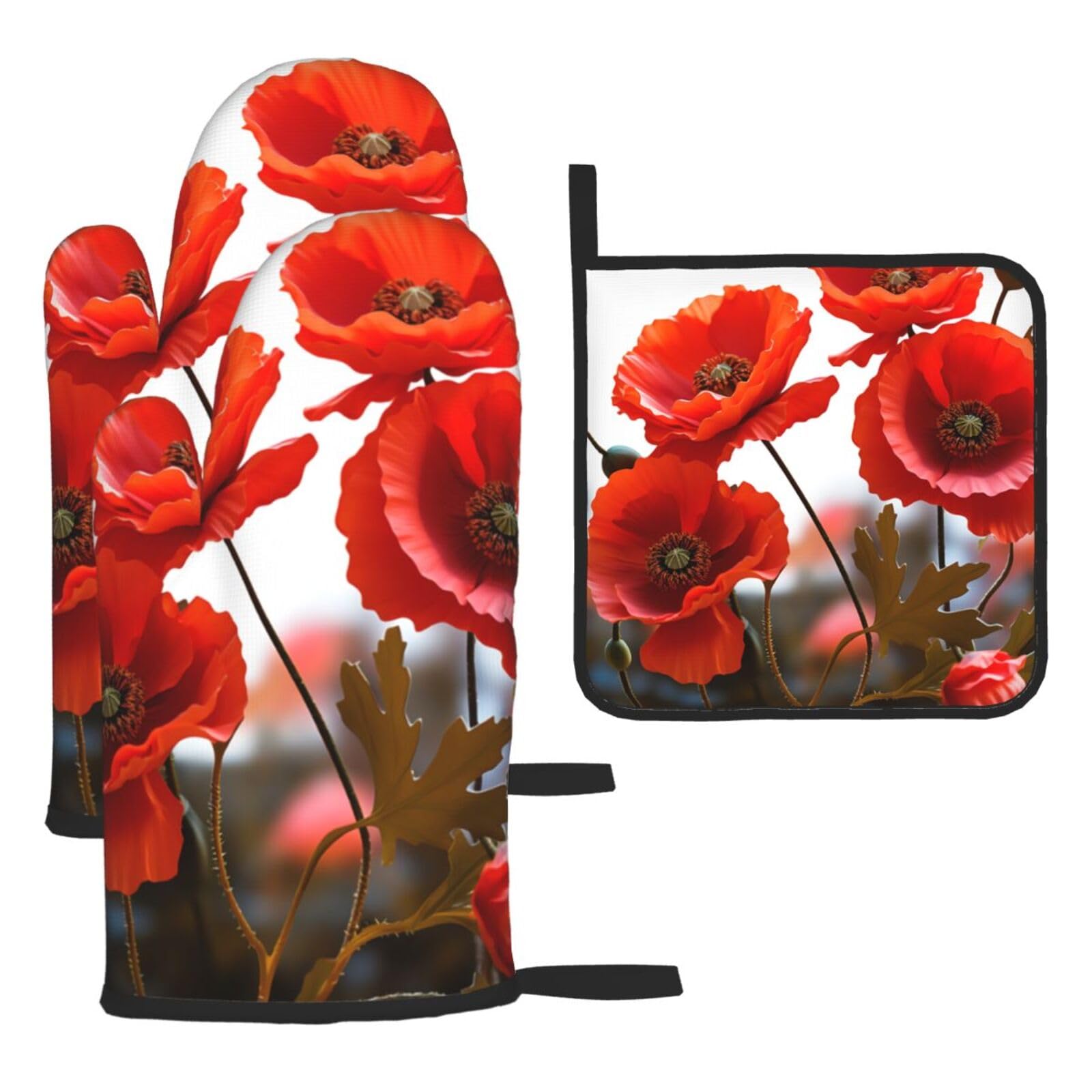 3 Piece Oven Mitts and Pot Holders Set Heat Resistant Oven Gloves and Potholders BBQ Gloves Hot Pads Poppy Flowers Vivid Petals Cooking Gloves for Kitchen Baking Grilling