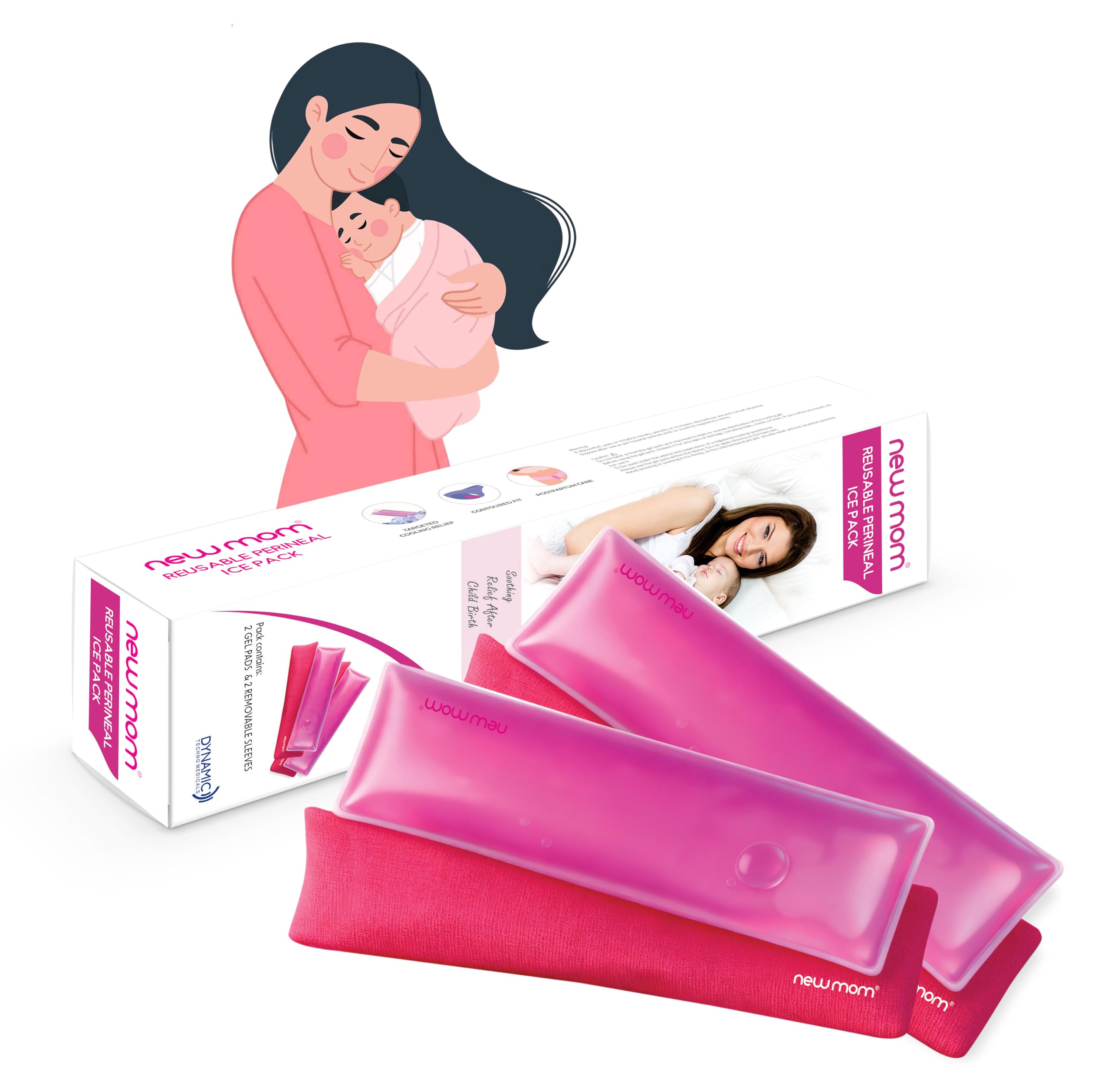 NewMom Reusable Perineal Ice Pack for Postpartum & Hemorrhoid Pain Relief | 2 Flexible Cold Pack with 2 Soft Sleeves | For Women After Pregnancy | After Episiotomy