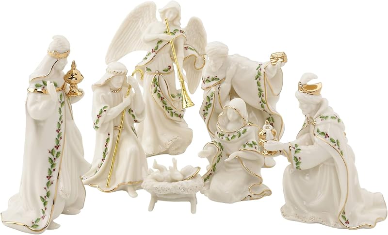 Lenox Holiday Christmas Juego de mini natividad de 7 piezas | porcelana marfil con detalles en oro de 24k | 4 pulgadas de altura cada uno | Regalo de recuerdo del belén para Navidad.