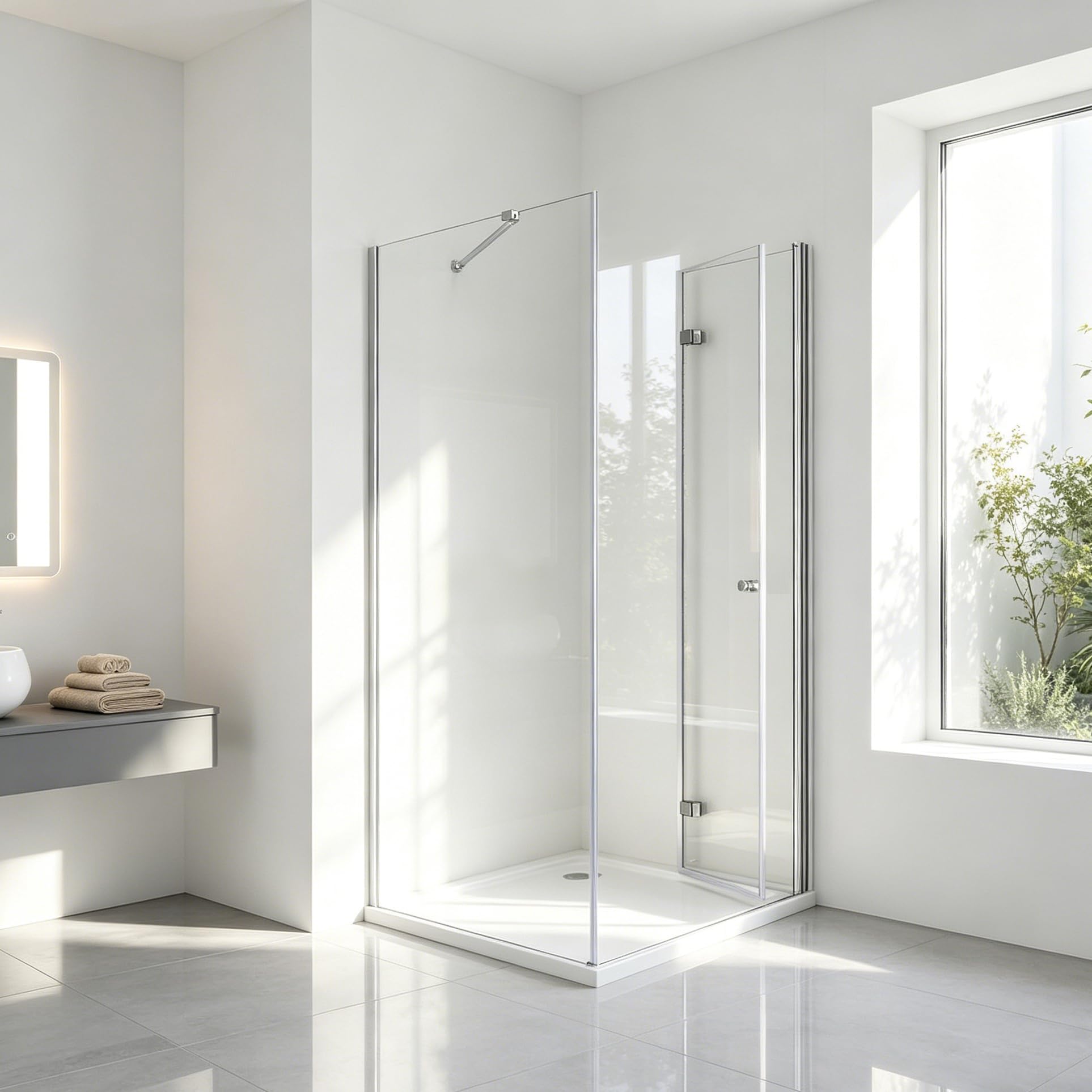 Duschkabine Eckeinstieg 90x70x185 cm, Falttür mit Seitenwand – Eckdusche Duschabtrennung mit Pivot-System aus 6 mm ESG Sicherheitsglas, ohne Duschwanne