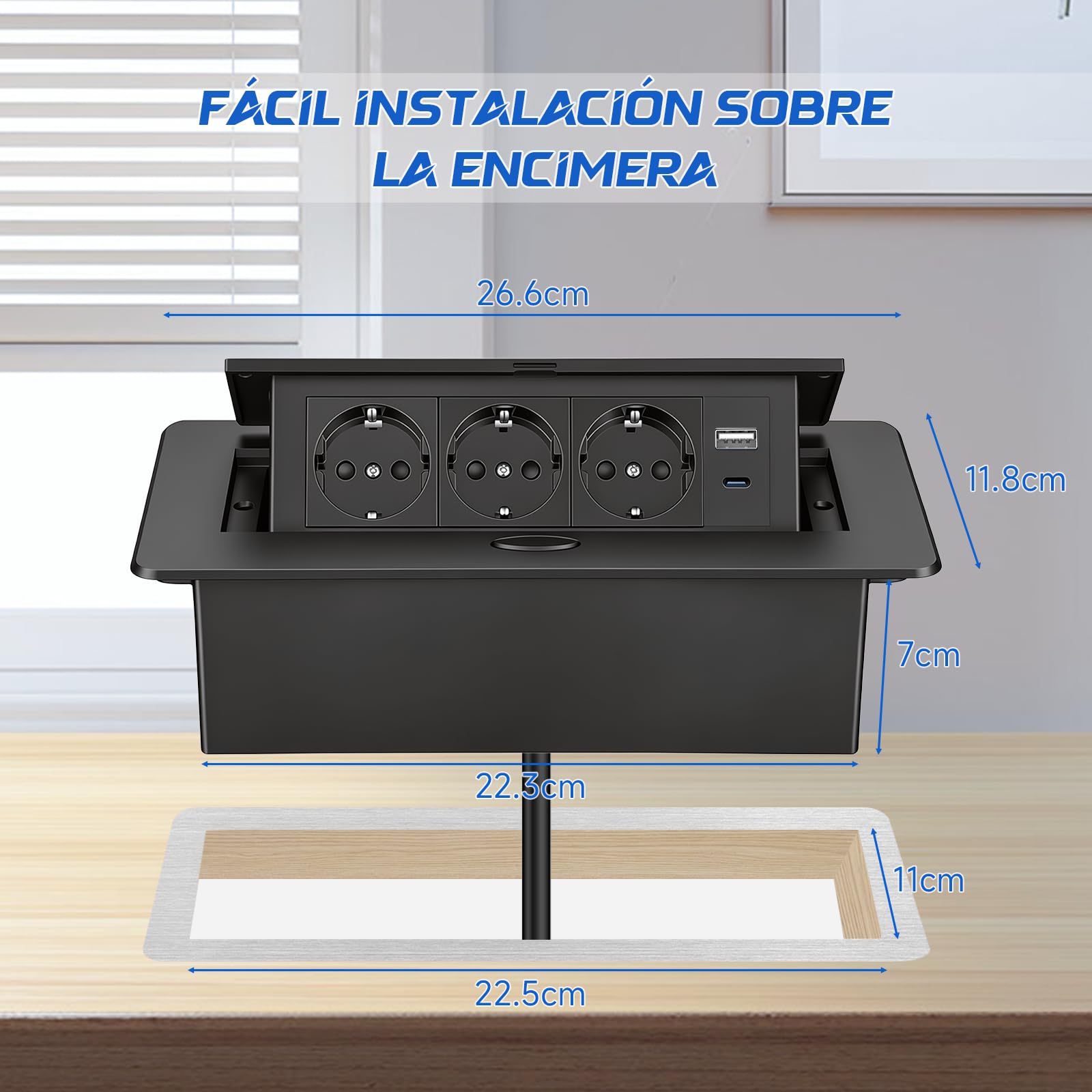 Enchufe Empotrable Mesa, Regleta Empotrable Base Múltiple Retráctil para Escritorio/Mesa Toma Empotrada con 3 Tomas Schuko + 2 USB (1 Tipo A + 1 Tipo C), Cable de 1,8 m, Negro