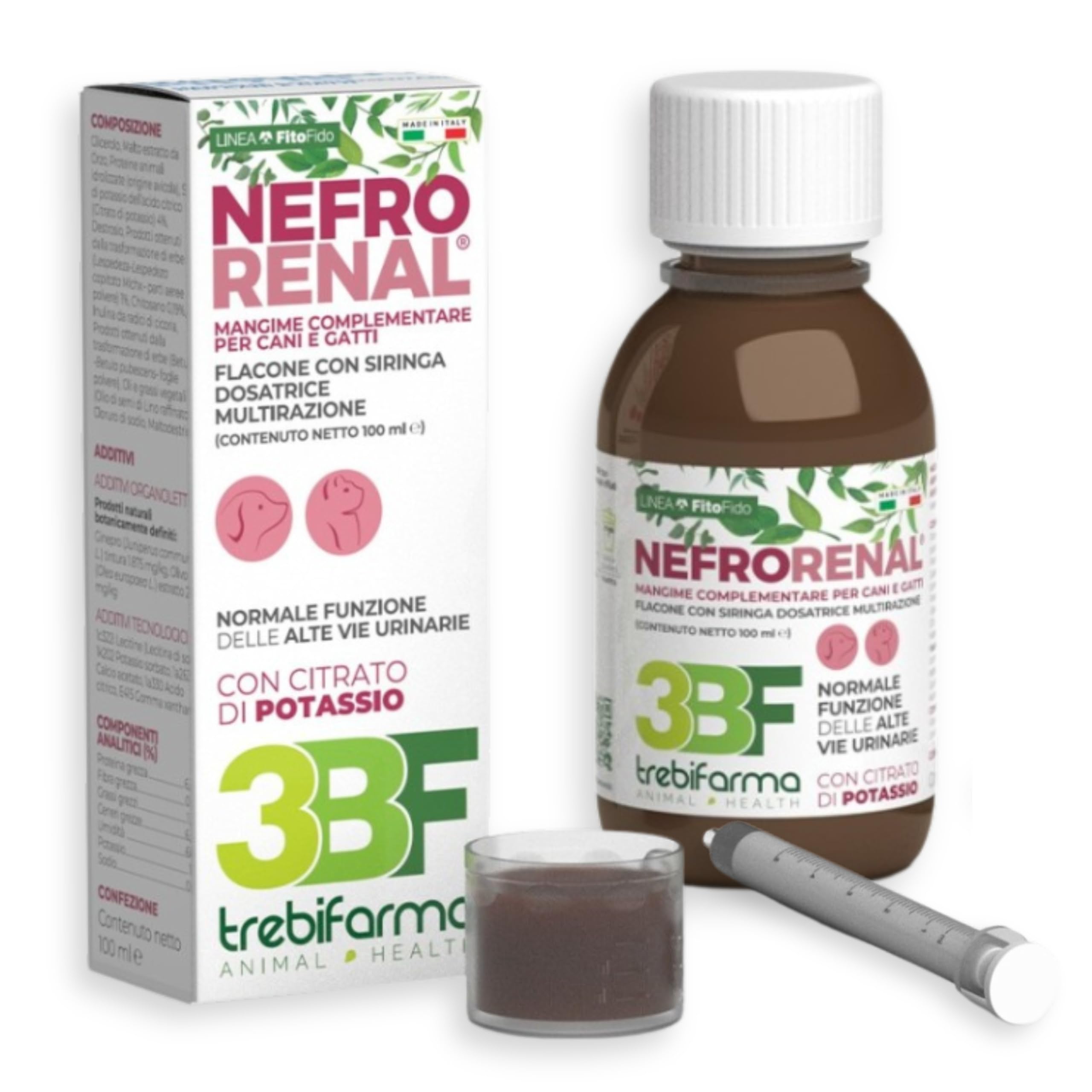 Trebifarma Nefrorenal per Cani e Gatti – Supporto Naturale alle Vie Urinarie – Mangime Complementare Liquido per la Funzione Urinaria – Flacone da 100 ml con Siringa Graduata Multidose