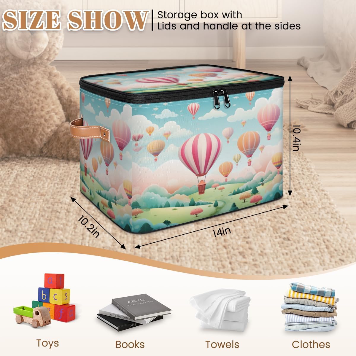 Storage Bin Set of 2 Dream Hot Air Balloon Storage Basket with Zipper Lid & Handle Foldable Closet Shelf 2 Pack Cloth Organizer Basket Cube Bins Clothes Organizer for Nursery, Bedroom