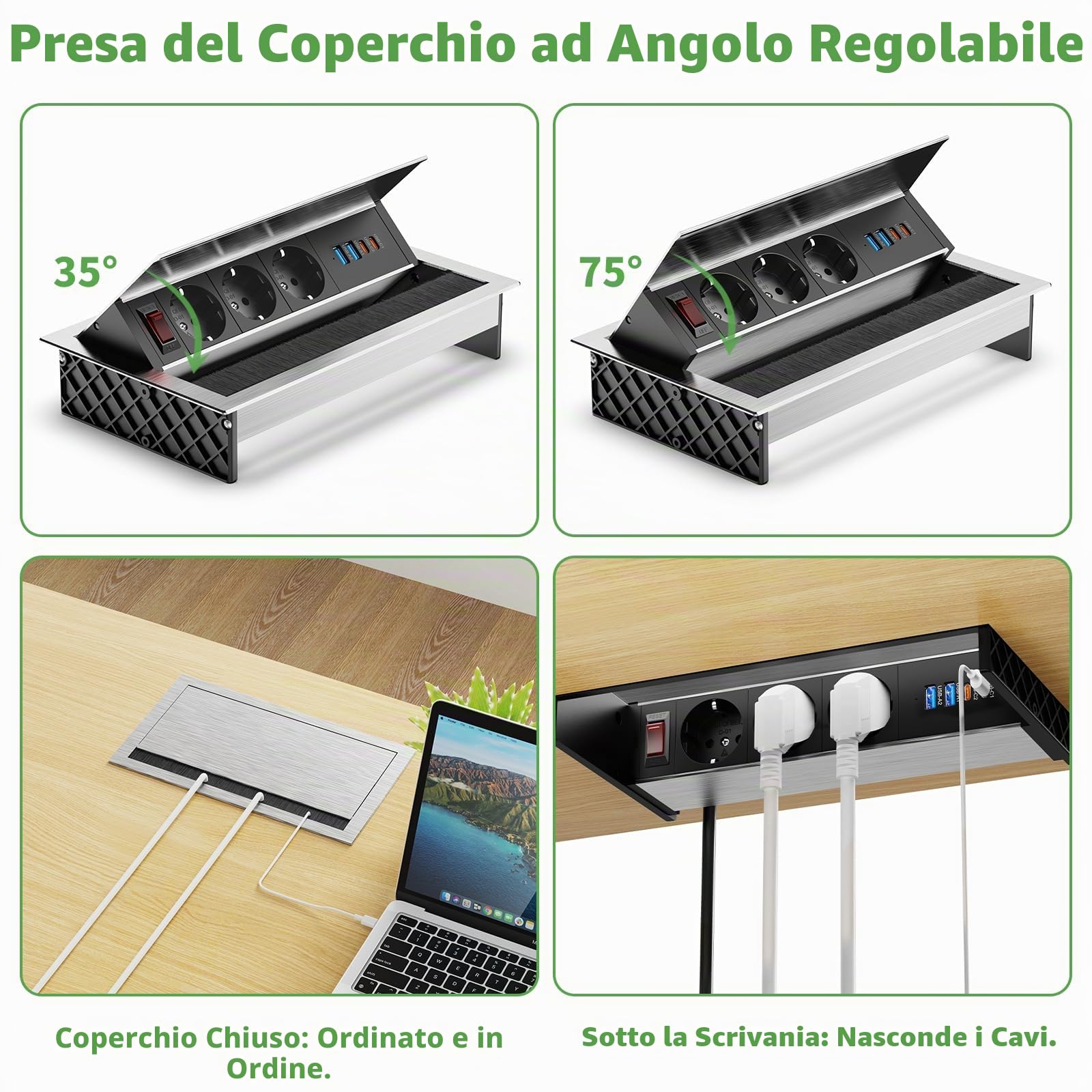 Presa a scomparsa in alluminio con 2 USB-C PD 30 W e 2 USB-A, presa da incasso a 3 prese con USB e interruttore, presa da tavolo a scomparsa con USB per sala conferenze, casa, ufficio, cavo da 1,8 m