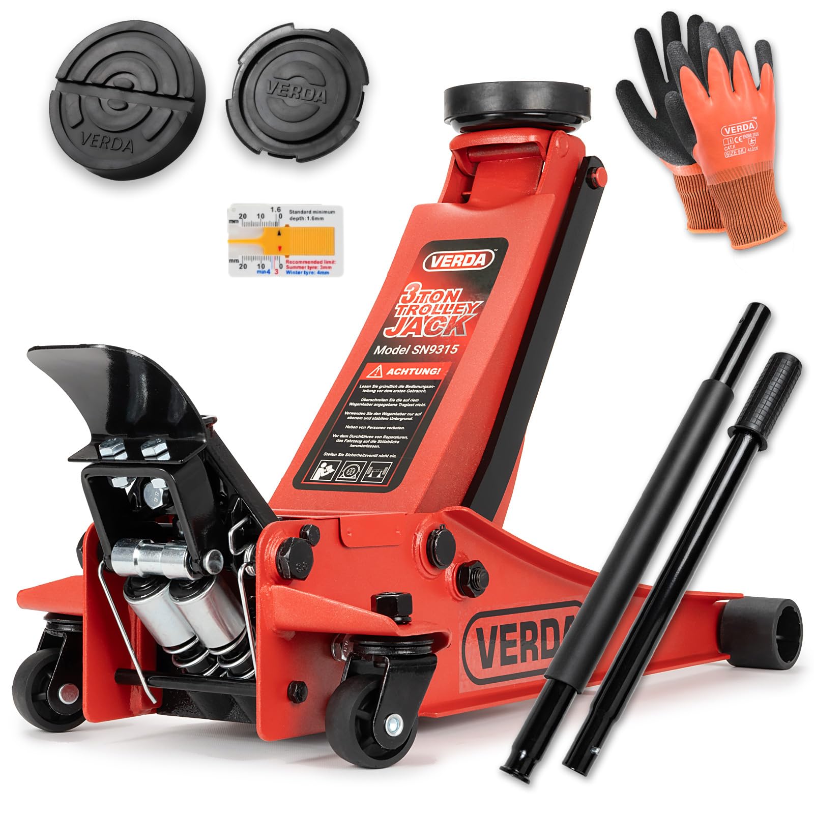 Verda Wagenheber hydraulisch 3T 75-515 mm, mit Schmiernippel, mit Fußpedal 2X Gummi Doppelkolben Extra Flacher Rangierwagenheber Doppelpumpsystem Montagehandschuhe PKW Auto Heber, Werkstatt