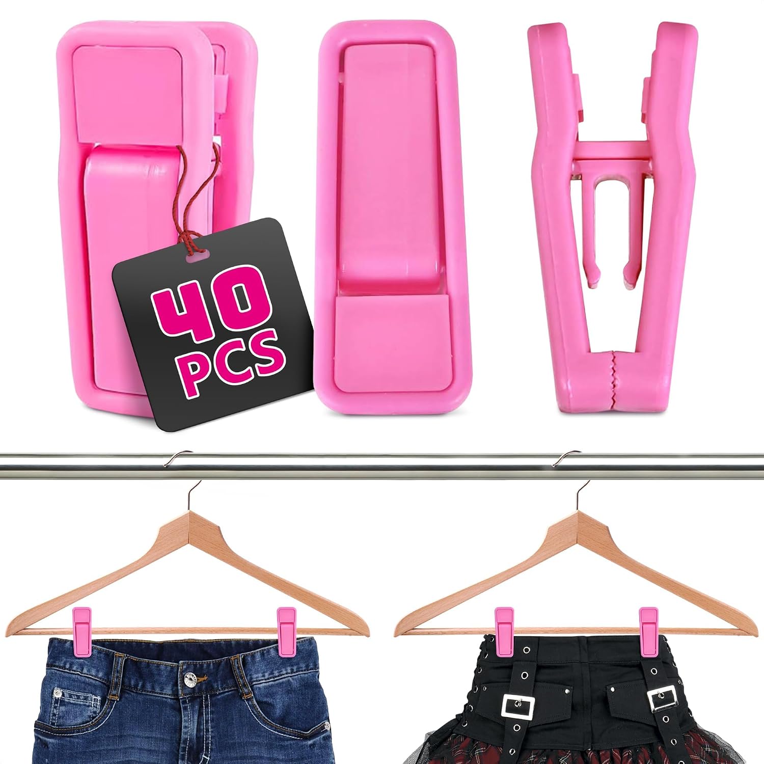 Hanger Clips for Pants, 40 Pcs, Plastic (Pink), for Dry and Wet Clothes