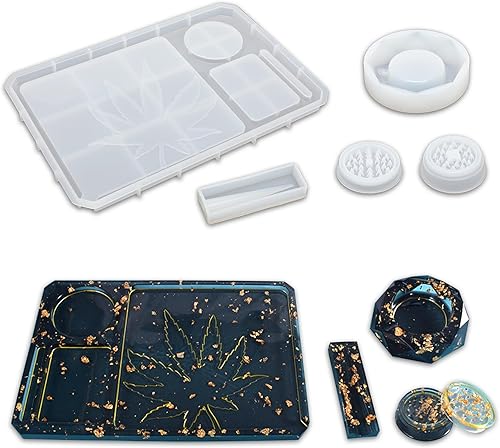 Molde de bandeja rodante de 5 piezas para molinillo de resina para moler y almacenamiento, kit de moldes de silicona grandes para bricolaje para