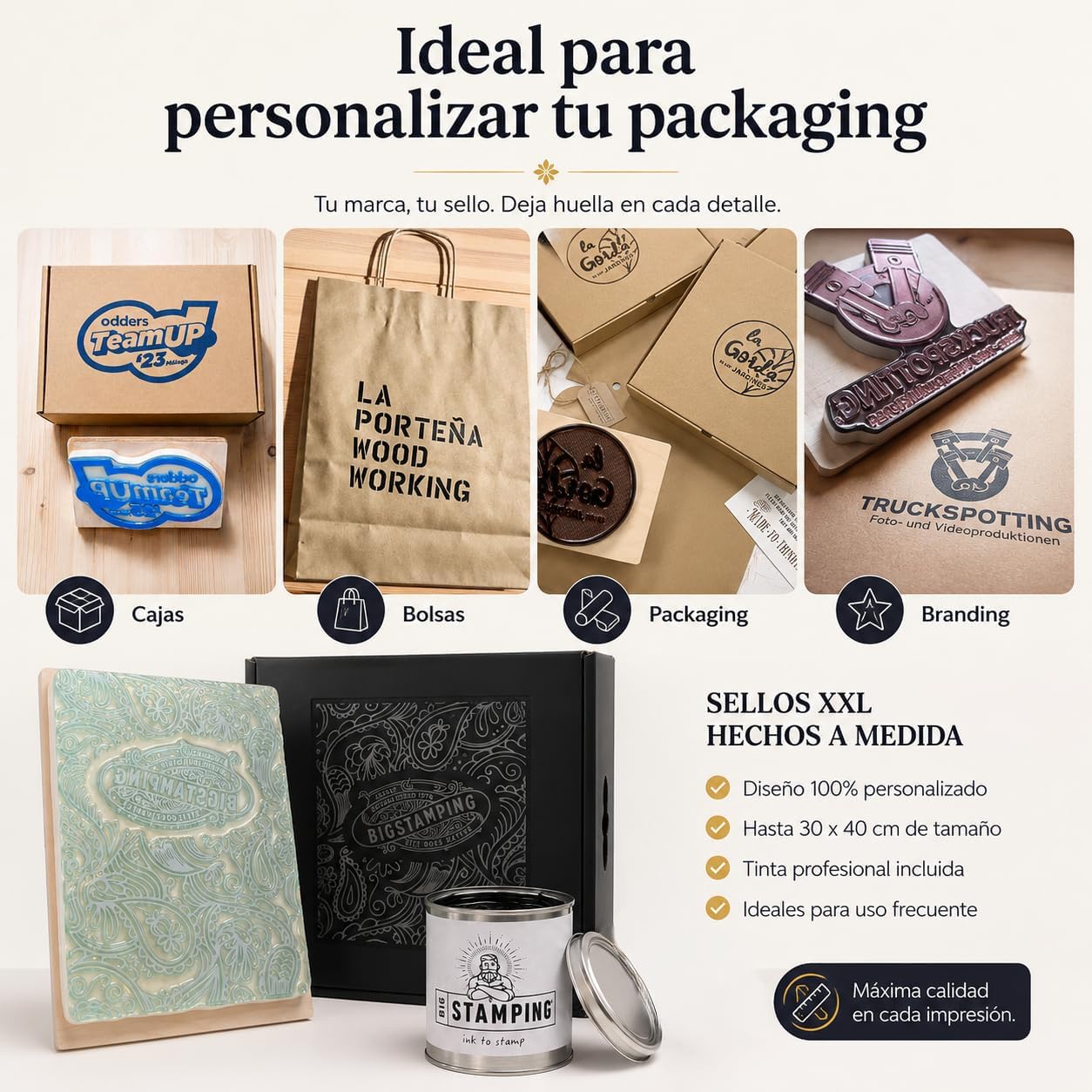 Sello Personalizado CON TU LOGO en distintos tamaños y colores | KIT COMPLETO (M (15 x 10,5 cm), Negro)