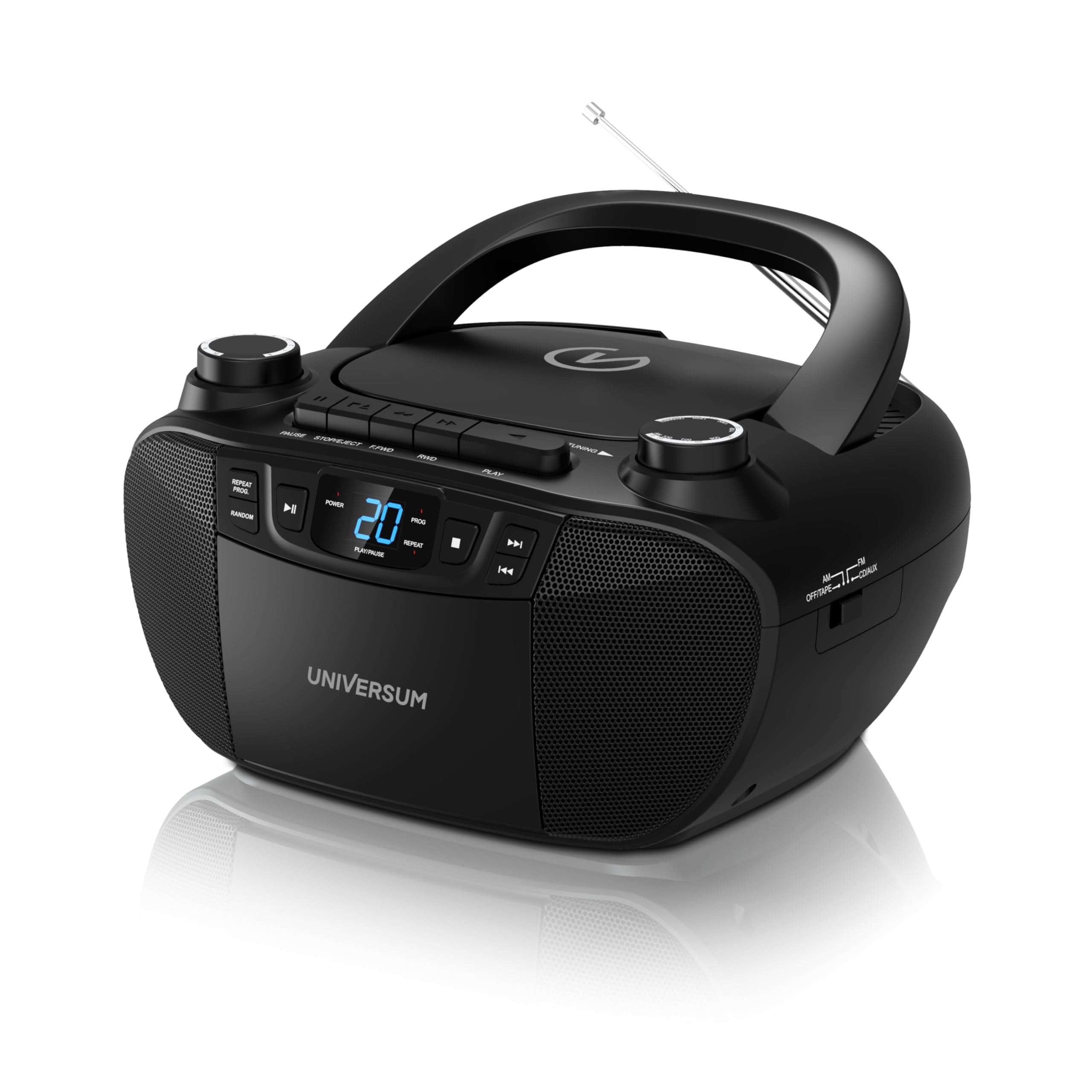 UNIVERSUM BB 200 - tragbarer CD-Player mit Radio und Kassette, Schwarz | Einfache Bedienung für Kinder & Senioren, AUX-IN, UKW Radio, Kopfhöreranschluss, Netz- & Batteriebetrieb