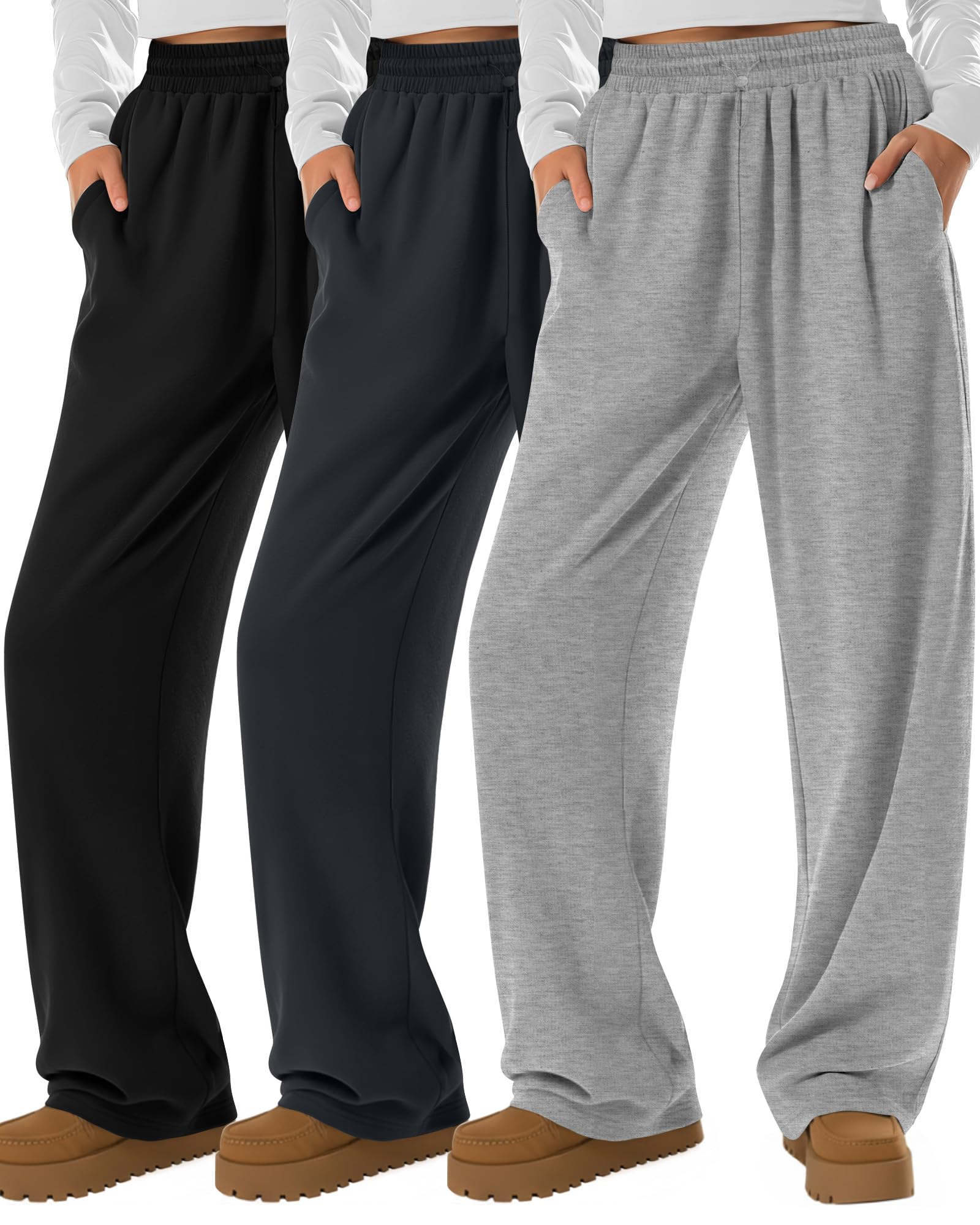 Neer 3 Pack Womens Wide Leg Sweatpants Elastic High Waisted Baggy Long Pant Casual Lounge Yoga Drawstring Jogger
