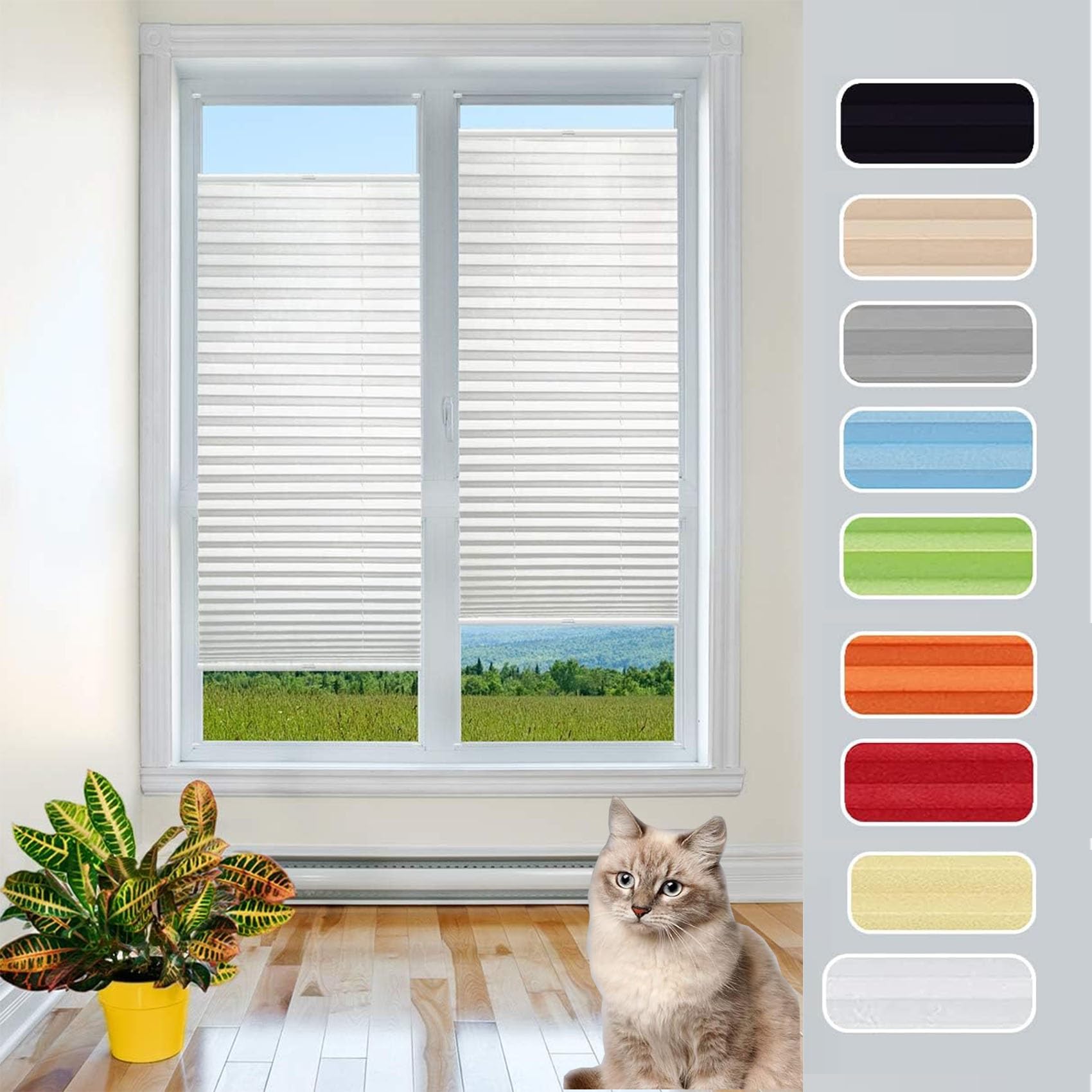 Stick on Blinds for Windows, 115 x 220 cm Thermal Self Adhesive Stick On Pleated Shades Easy Fit Curtain with White Guide Rail for Bedroom,Kitchen,Bathroom, White — image 1