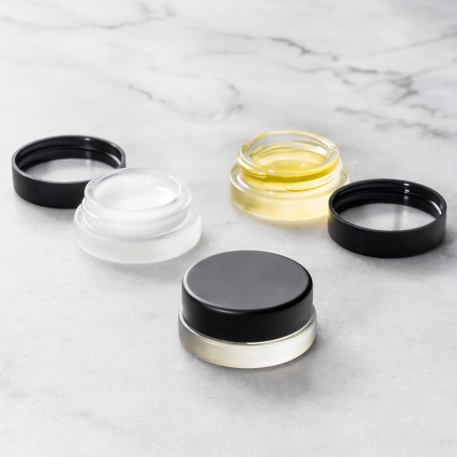 (90 Pack) 7ml Low Profile Thick Glass Jars with Black Lids - Airtight Containers for Oil, Lip Balm, Wax, Cosmetics