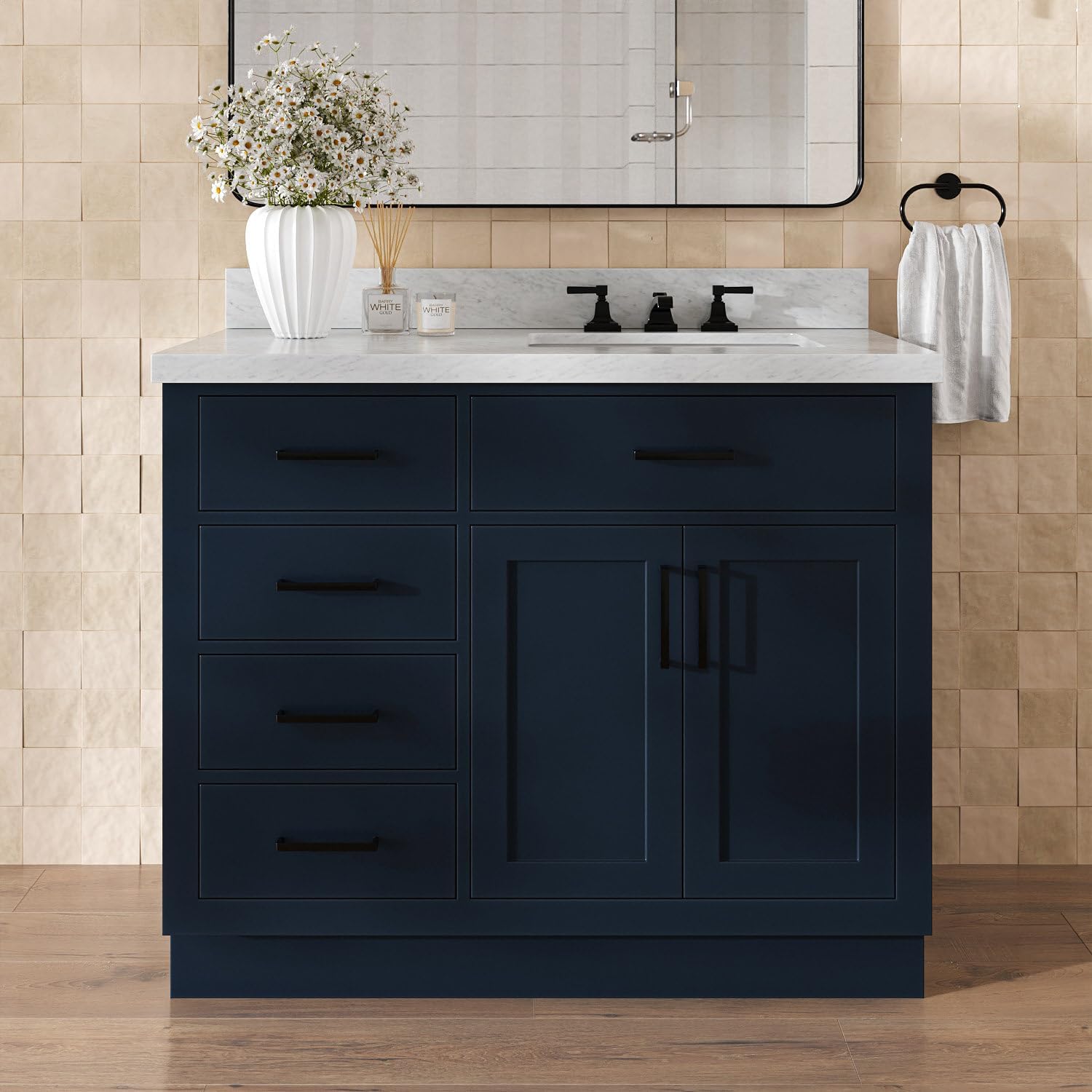 DKB Isabella 42" Midnight Blue Single Bathroom Vanity with 1.5" Italian Carrara Marble Top, Rectangular Undermount Sink, Solid Wood Frame, 2 Soft Close Doors, 5 Dovetail Drawers