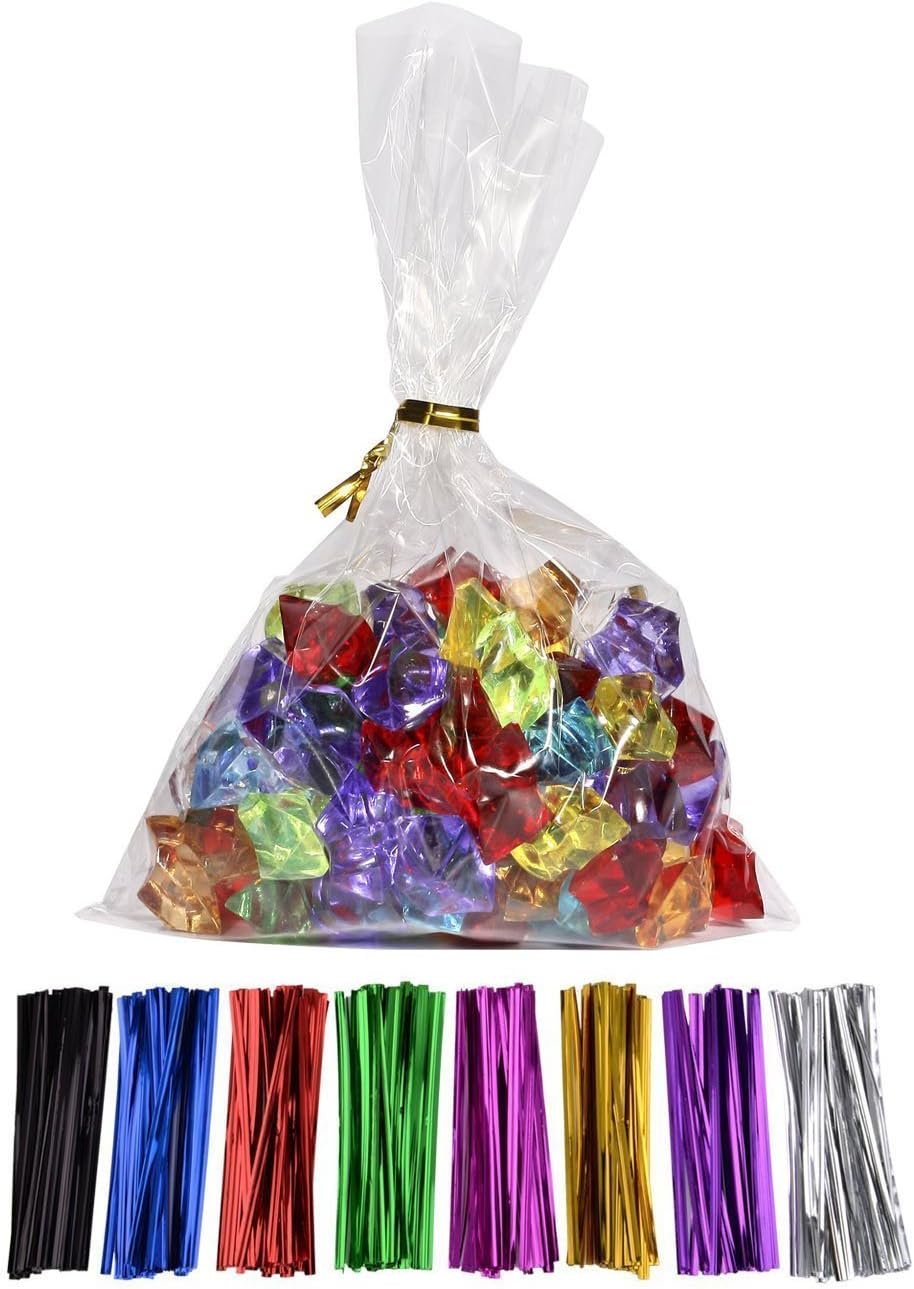 100 Pcs 7 in x 5 in(1.4mil.) Clear Flat Cello Cellophane Treat Bags Good for Bakery, Cookies, Candies,Dessert with random color Twist Ties!