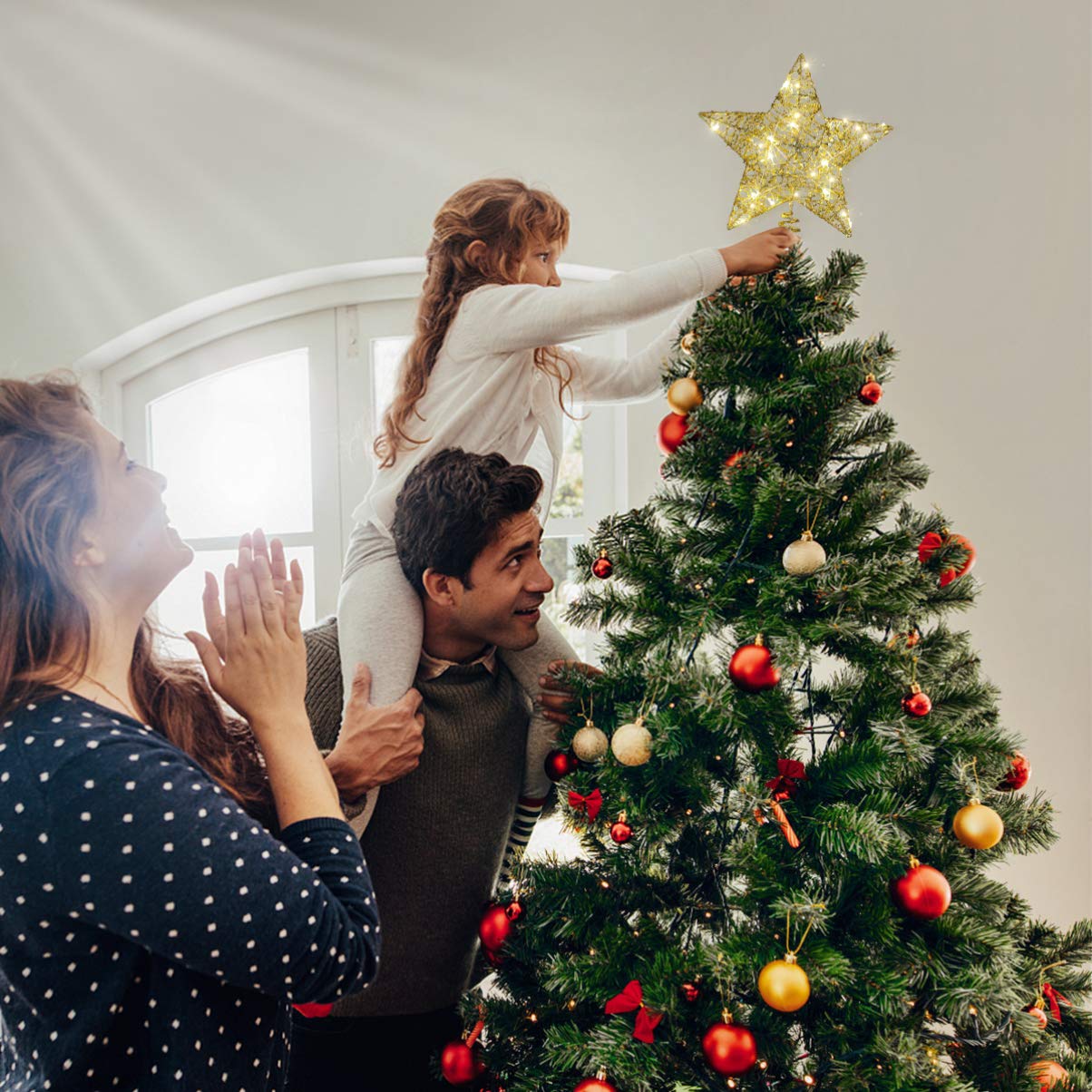 1 puntale per albero di Natale, ornamento a forma di stella, scintillante, dorato, regalo per festival, illuminato, decorazione trasparente