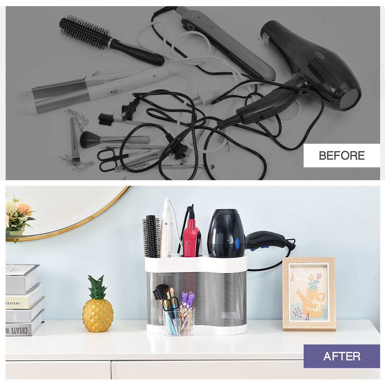 kingrack Haartrocknerhalter,Fönhalter,Wandanbringung Haartrockner Halterung,Badorganizer für Lockenstab, Glätteisen und Haartrockner Aufbewahrung,Lockenstab Aufbewahrung,Regal zur Fön Aufbewahrung Küche, Haushalt & Wohnen