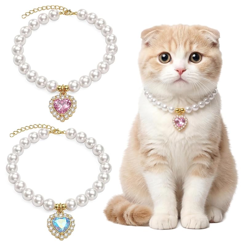 Coleira para gatos com pérolas e pingente de coração Jeffdad, Pacote com 2