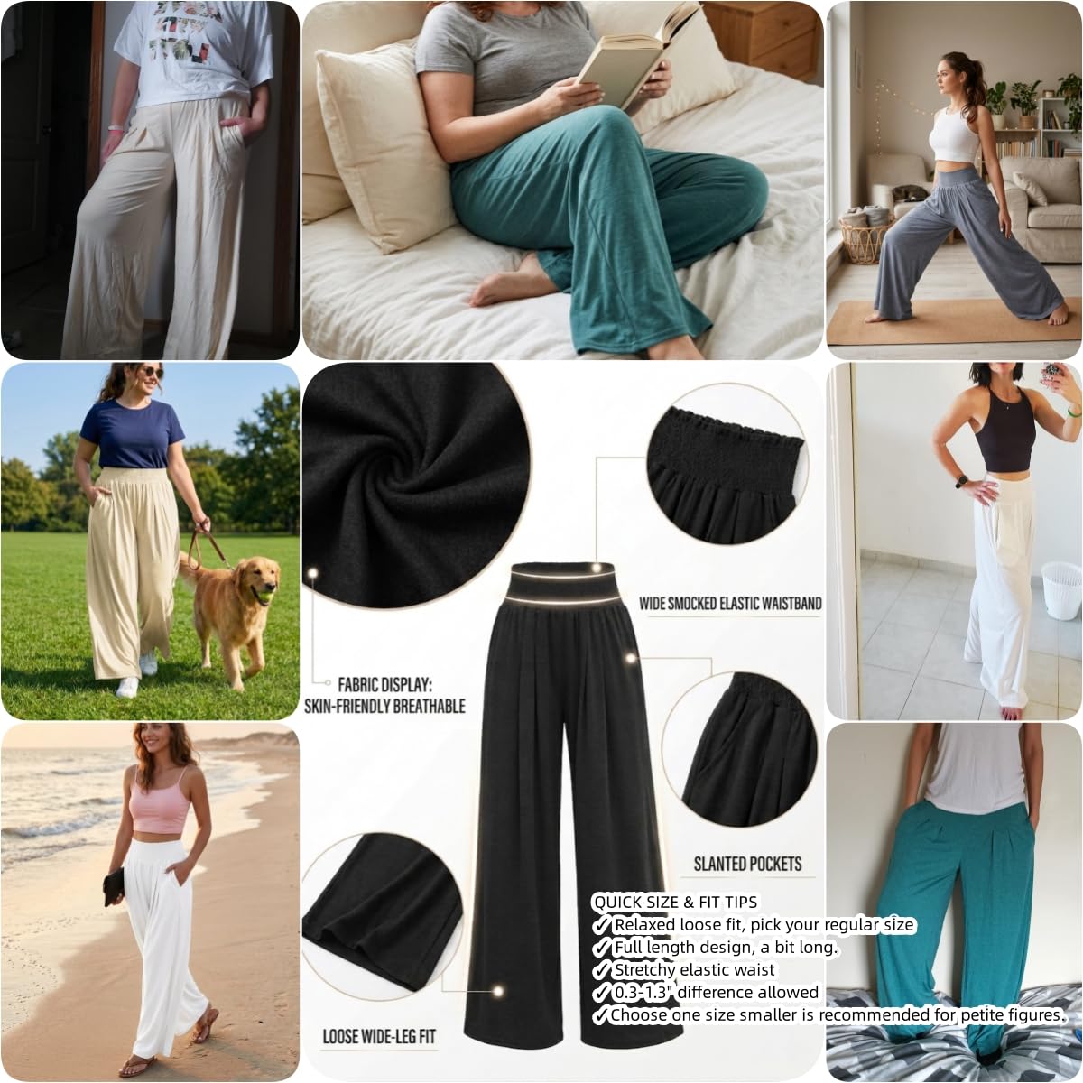 Famulily Damen Hose mit weitem Bein, elastisch, hohe Taille, Baumwolle, Yogahose mit Taschen, Loungewear für alle Jahreszeiten, S-XXL
