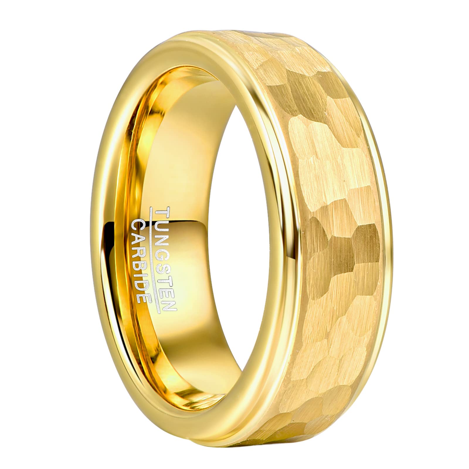 NUNCAD 8mm Anillos Martillados Alianza de Oro para Hombre Anillos de Tungsteno con Bordes Escalonados Talla 14.5-27.25