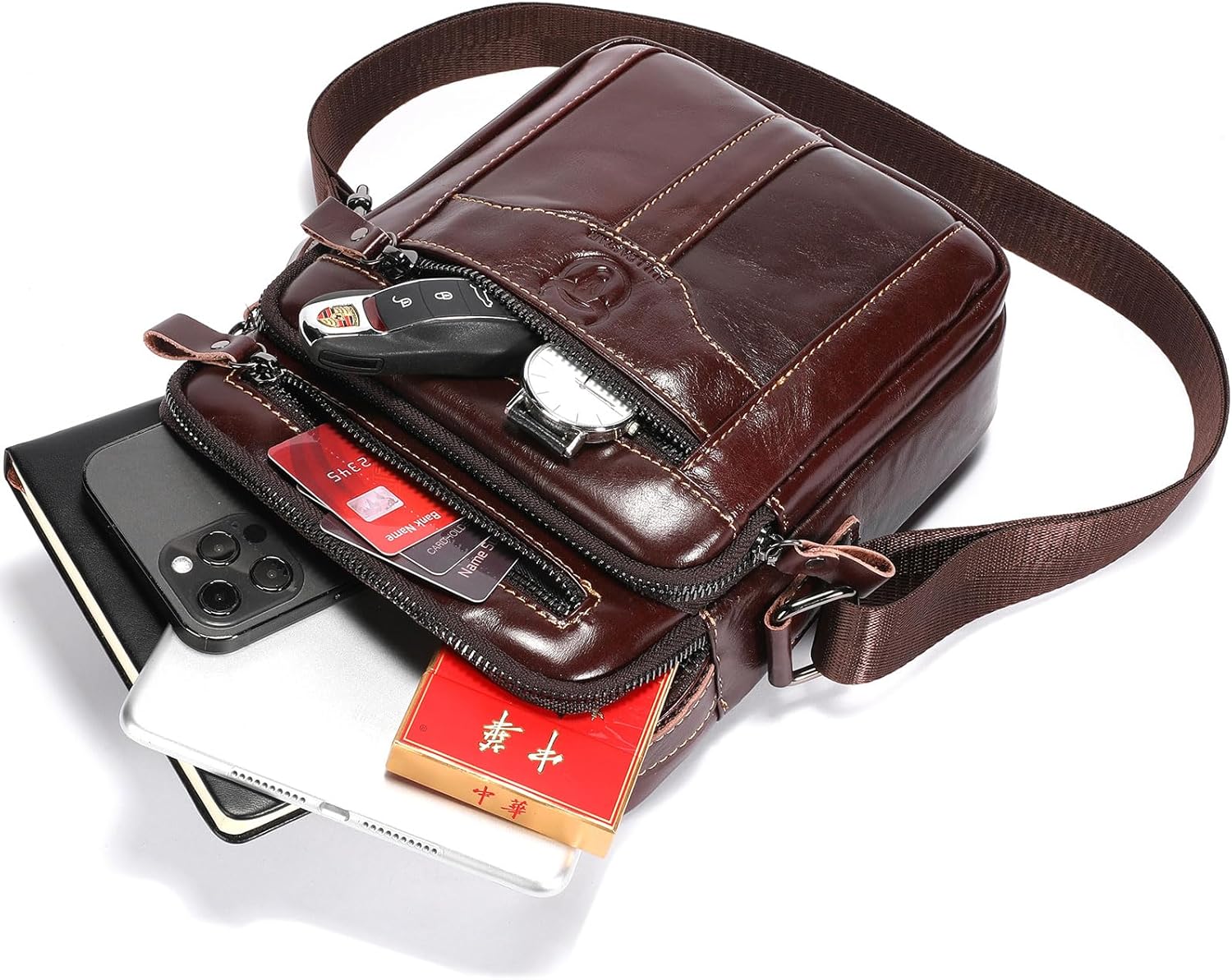 Leather Crossbody Bags for Men Casual Shoulder Bag Travel Messenger Bag Vintage Handbag Multi Pocket Satchel - Image 5