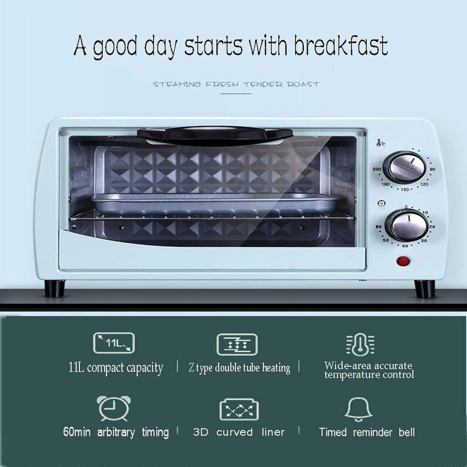 11 Liter Mini Oven, Mini Oven And Pizza Grill, Blue/black, Countertop Oven, Toaster With Time Reminder, Can Bake Bread And Pizza, Default